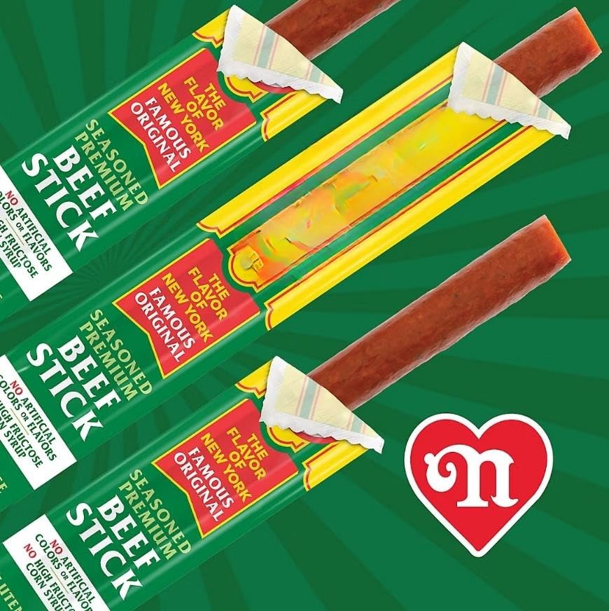 Famous Original Meat Sticks. Each pack includes 10 individually wrapped 1 oz. sticks, making them perfect for on the go enjoyment, lunchboxes, or a quick protein boost any time of day. Crafted with 100 percent beef and premium ingredients, these meat sticks deliver the same iconic flavor that has made Nathan's a household name for over a century. Gluten free and made without artificial colors or flavors, they are a wholesome choice you can feel good about. Each stick is a good source of protein, helping to keep you fueled and satisfied whether you are at work, at the gym, or on an adventure 10 ct 1 oz Each [ 10 oz . 0.6 Pound ]
