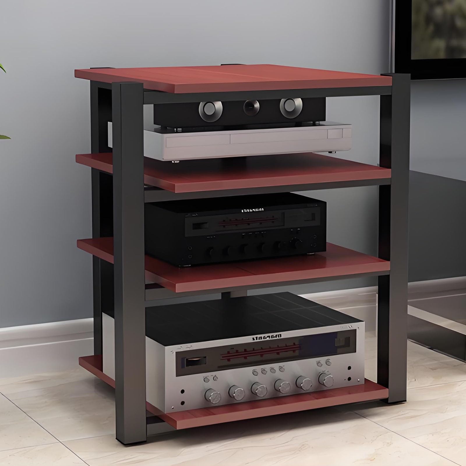 Poziomowy stojak na nośniki AV do odtwarzacza CD, wieża stereo audio, rozwiązanie do przechowywania rozrywki z pogrubioną stalową ramą, idealny do salonu, domu i biura.