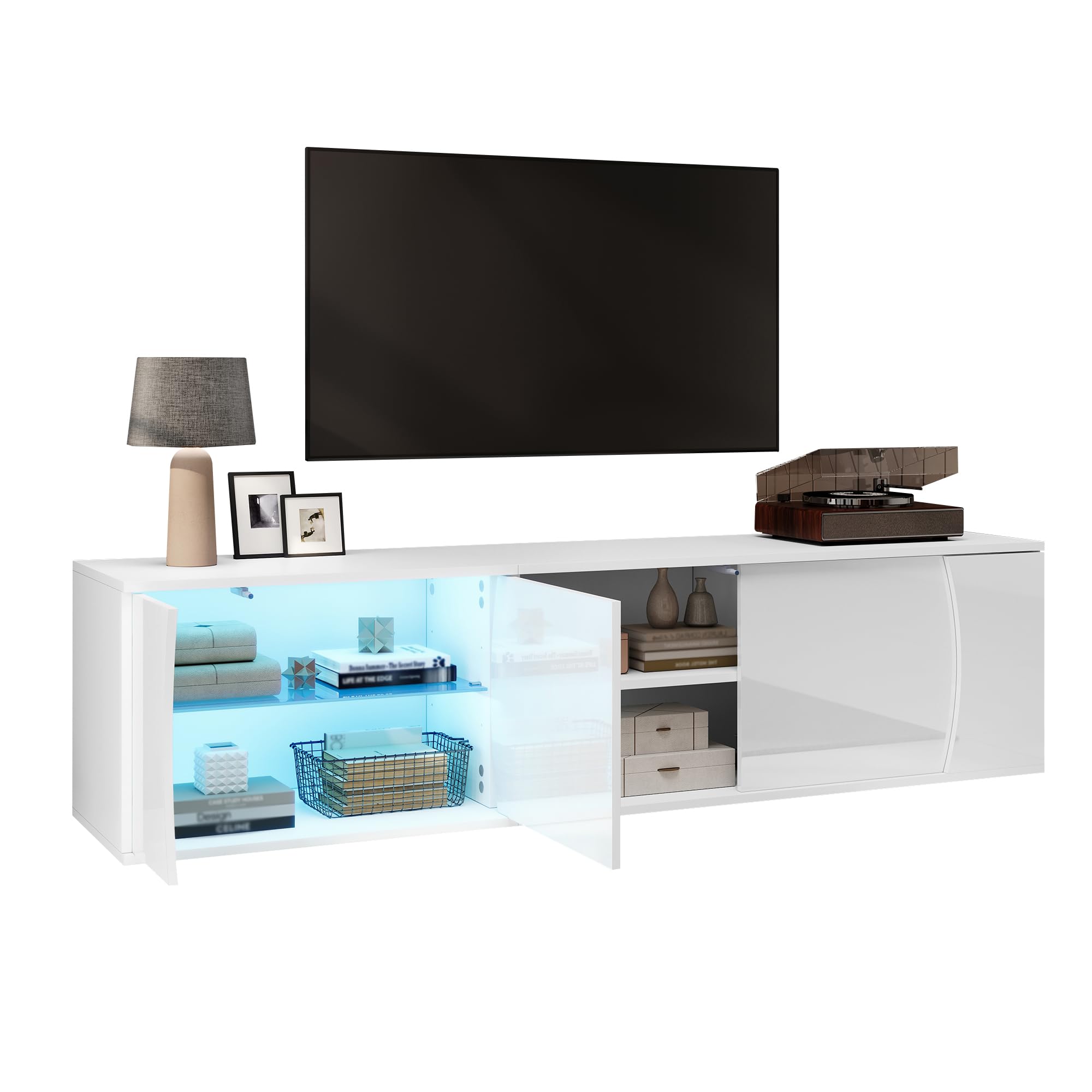 BTM 180x40x45cm TV-Schrank, lowboard Mit 3 Schranktüren, Schrank aus gehärtetem Glas,Hochwertiger Entertainment-TV-Schrank mit LEDs,Stand-TV-Ständer, geeignet für 80-Zoll-Fernseher