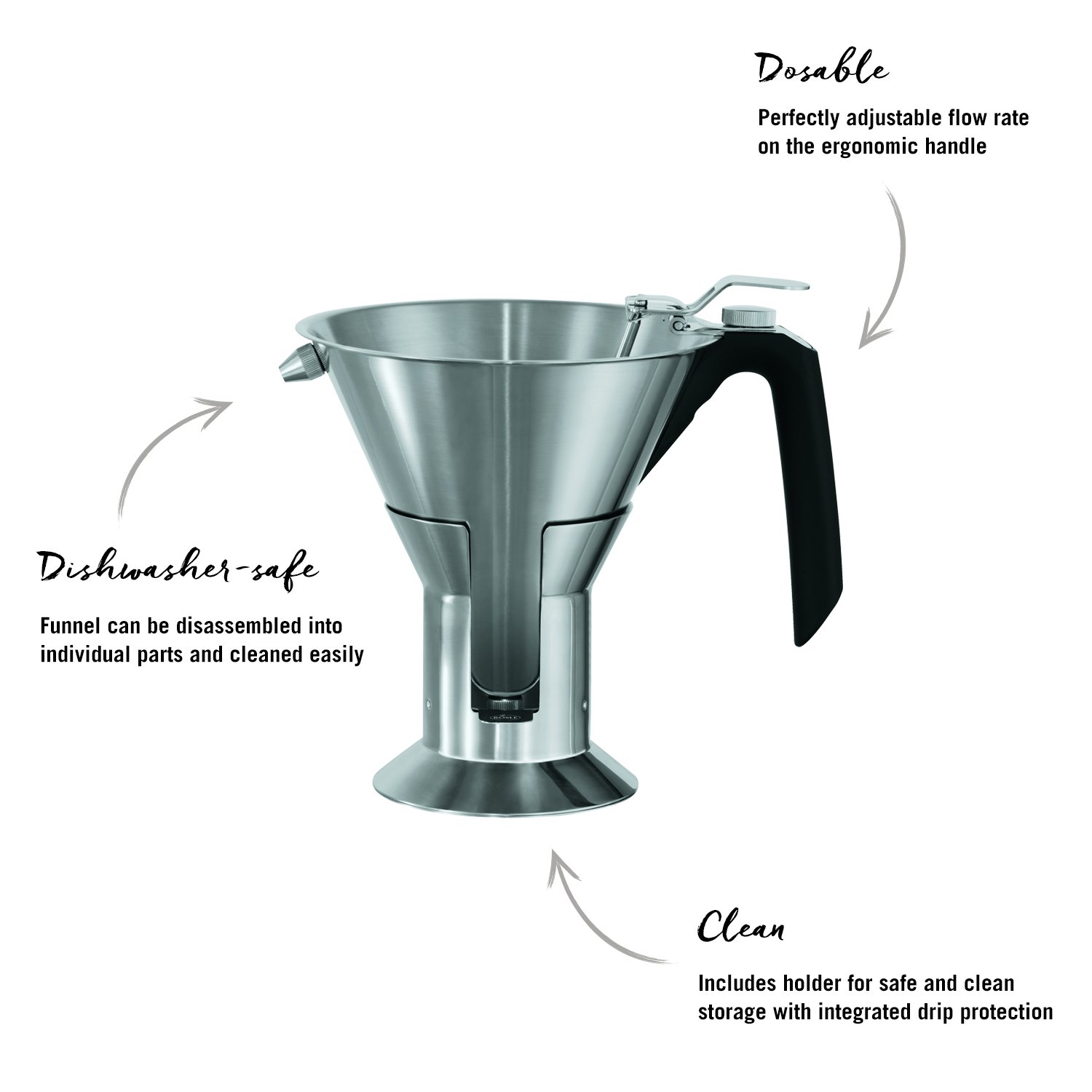 RÖSLE Entonnoir à Pâtisserie - Acier Inoxydable18/10 - Pour doser les liquides et pates, avec graduation intérieure et buses interchangeables - Passe au Lave-vaisselle