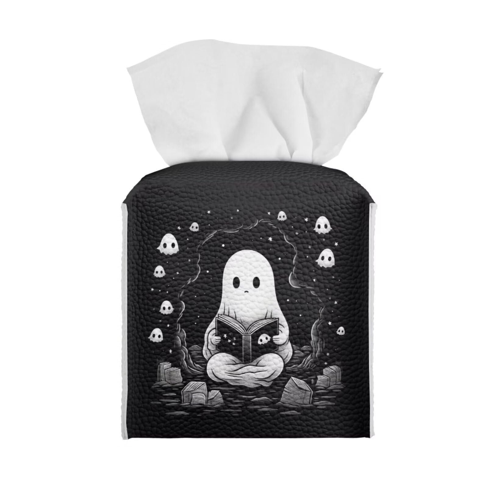 Zanxiantu Ghost Tissue Box Cover Black Halloween Home Decor Square Tissue Holder for Bathroom Office Restaurant Leather Car Tissue Cube Box Cover Organizer Dispenser