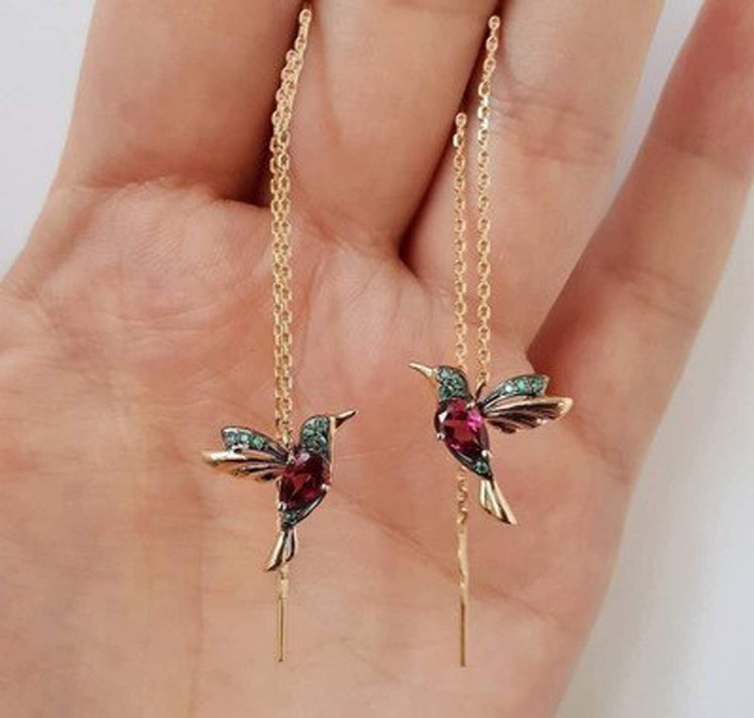 Miniblings Kolibri łańcuszek kolczyki w kolorze różowego złota — oryginalna modna biżuteria I stras ptaki kamienie stras — kolczyki biżuteria do uszu różowe złoto, 15mm, Różowe złoto Stras, Stras