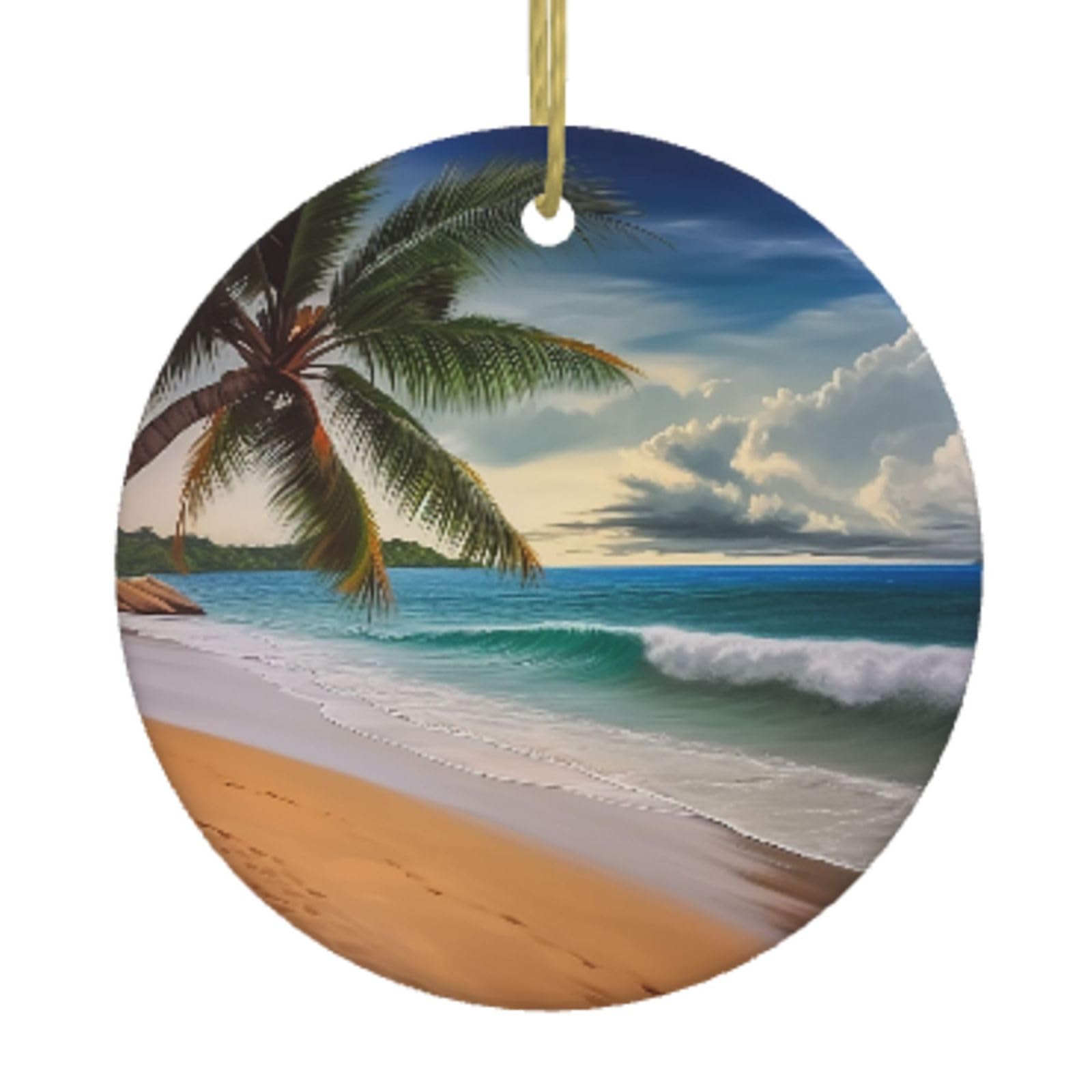 Ceramic Christmas Tree Hanging Ornaments with Gold Ropes Christmas Tree Decorations Round Ceramic Coconut Palm Tree Sandy Beach Pendant Keepsake Decorations for Holiday Xmas Gift Ideas