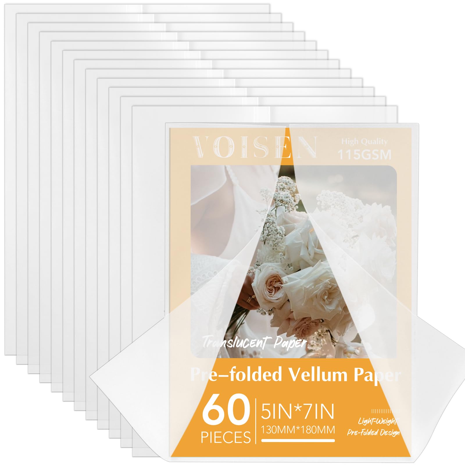 60Pack Vellum Jackets For 5x7 Invitations,115GSM Pre Folded Vellum Wraps, Wedding