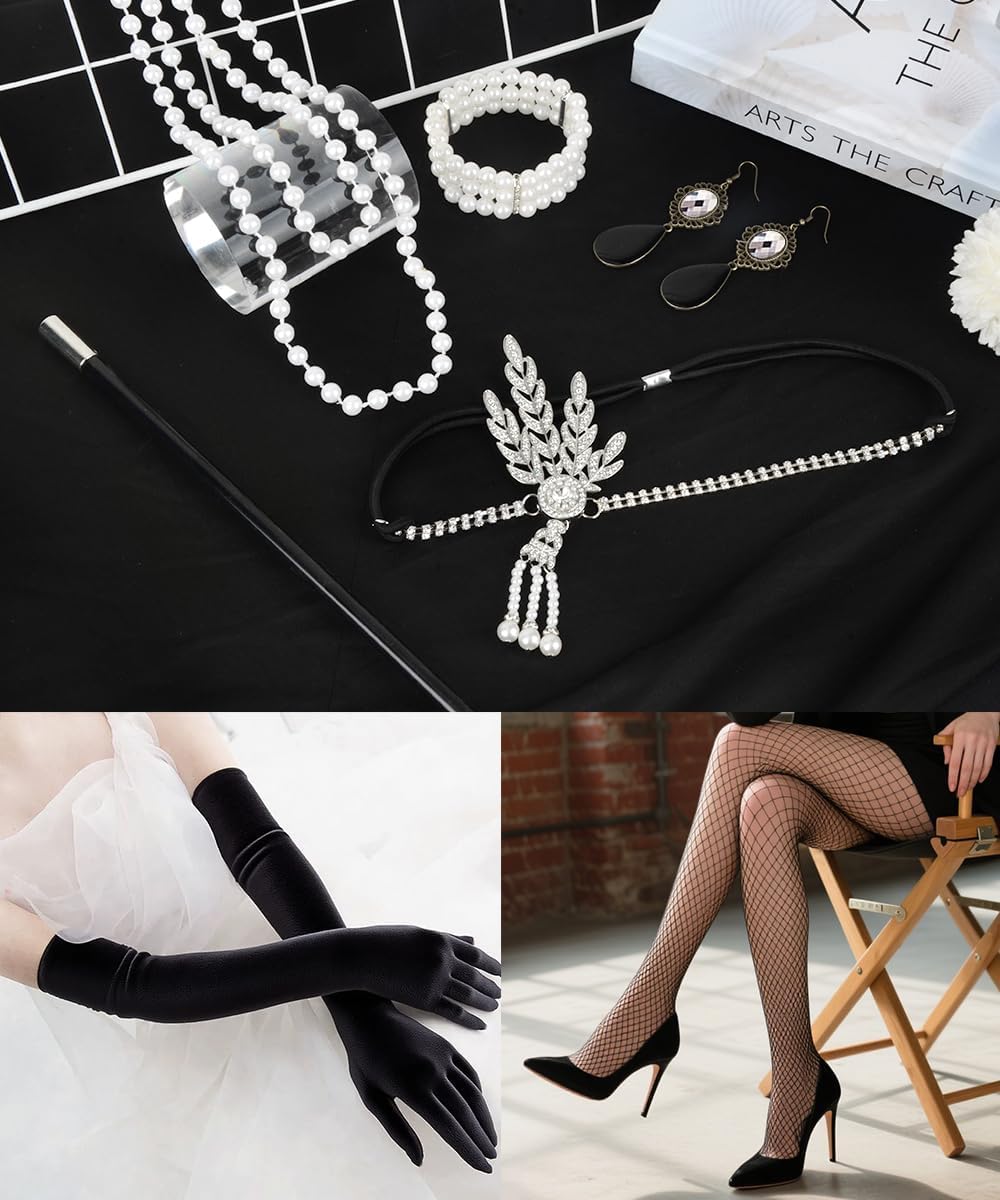 20er Jahre Kostüm Damen Set, 1920er Flapper Charleston Kleid mit Pailletten und Fransen, Gatsby Kleid Vintage Outfit Accessoires für Karneval, Halloween, Fasching & 20s Motto Party