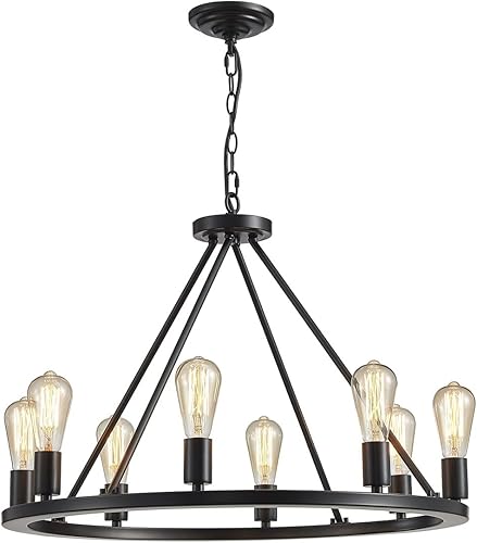 Miniatura 4 de Saint Mossi Famhouse - Lámpara de araña con 8 luces, estilo rústico vintage, lámpara de araña de granja, lámpara de rueda de carro, acabado de