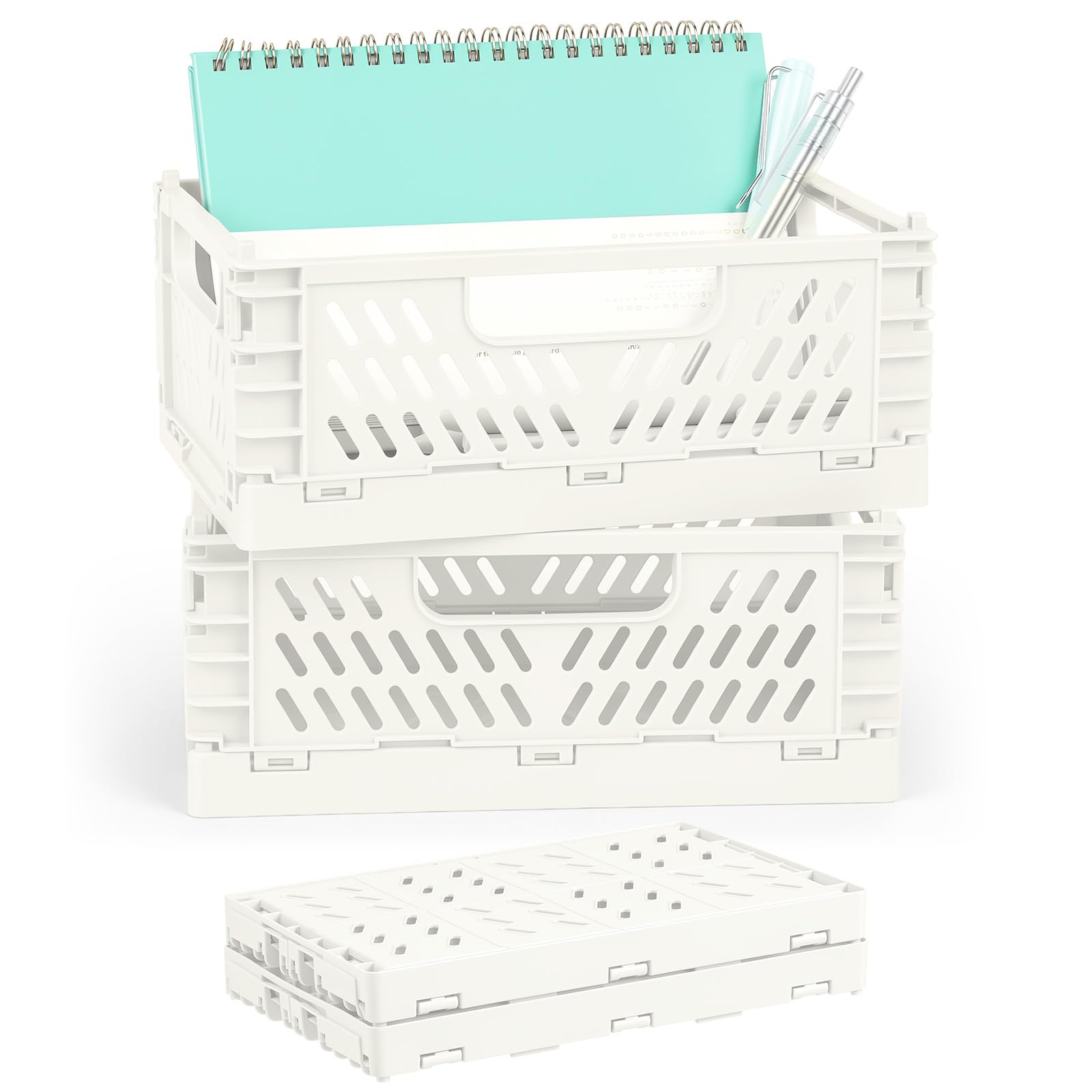 NUTKIT Collapsible Storage Boxes,2PCS Stackable Plastic Storage Crate-White