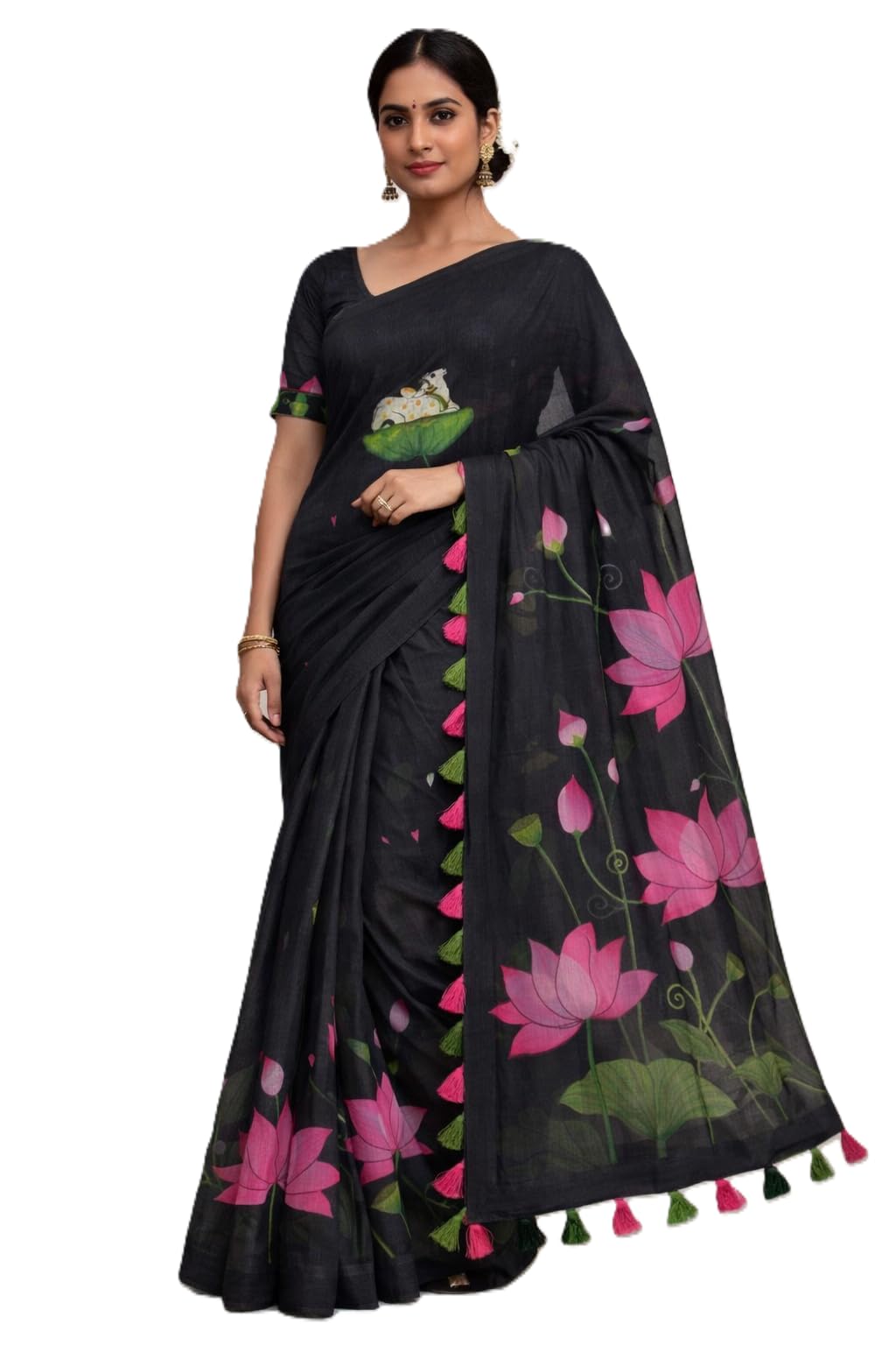 Black Cotton Saree with Pink Lotus Floral Print, Tassel Pallu, Free Size, Traditional Ethnic Wear for Women with Blouse Piece-picture-51