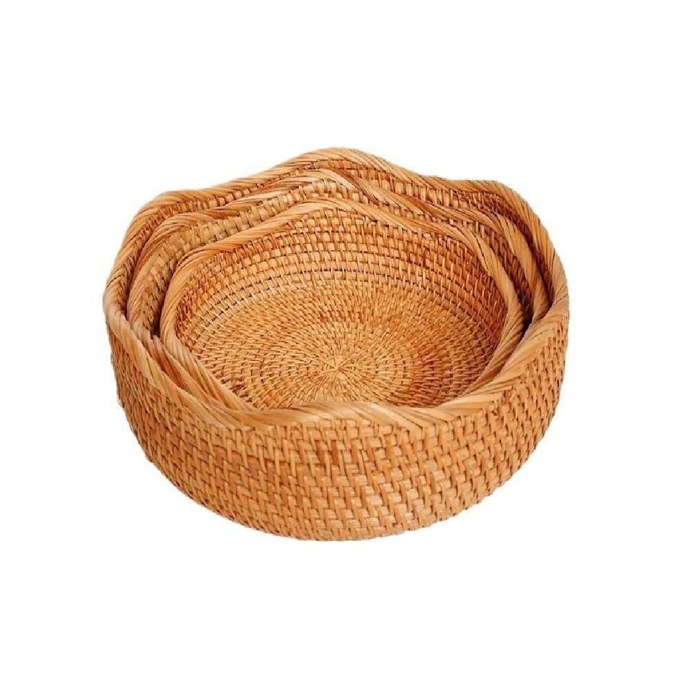 Basket Storage Box Kitchen 1-Pack,Handwoven Round Wave Rattan,Wicker Tray,Picnic,Sundries Decor Container