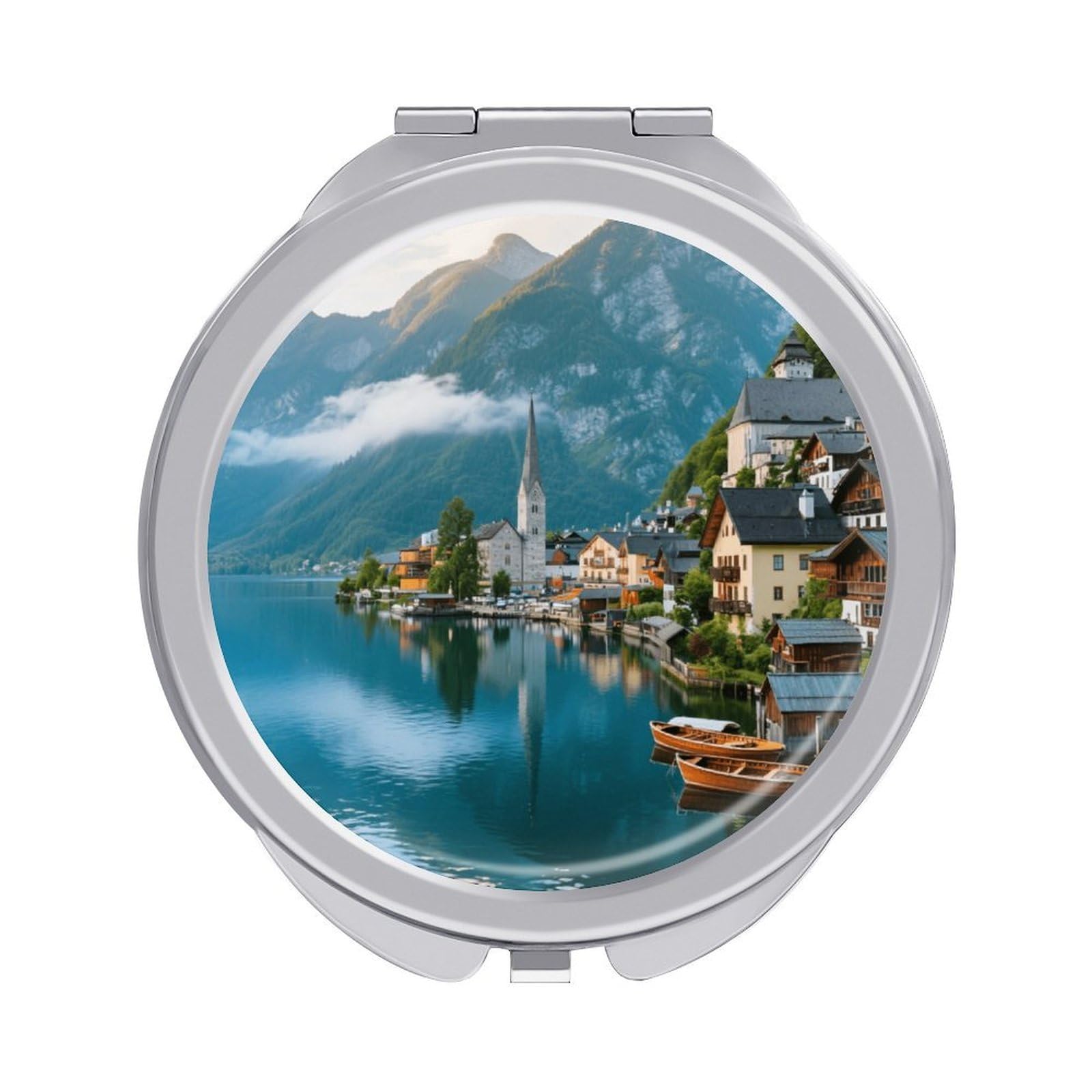 Fekiloot Style Hallstatt Lakeside Town Travel Makeup Mirror Handheld Compact Mirror Portable Pocket Mirror Double-Sided 1X/2X Magnifying For Handbag And Purses
