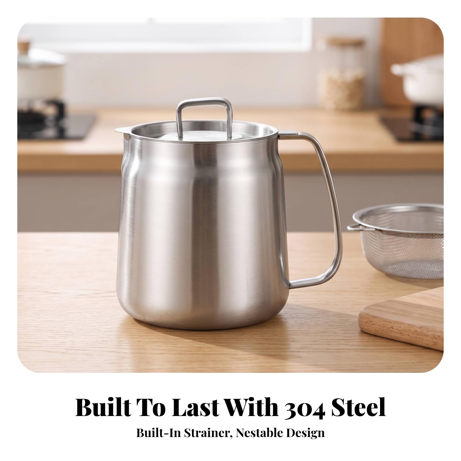 Recipiente para Grasa Higiénico | Reutilizable, Aceitera con Colador, para Cocina, Cocineros, 2.0L, Con Cesta