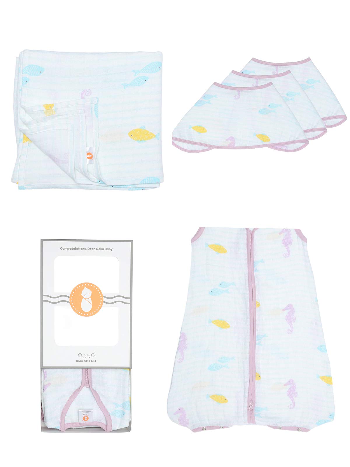 Ooka Baby Newborn baby Gift (5 Pieces) | 1 Muslin Swaddle | 1 Sleepsack | 3 Burpy Bibs | Seahorse print | New Born Baby Gift Set