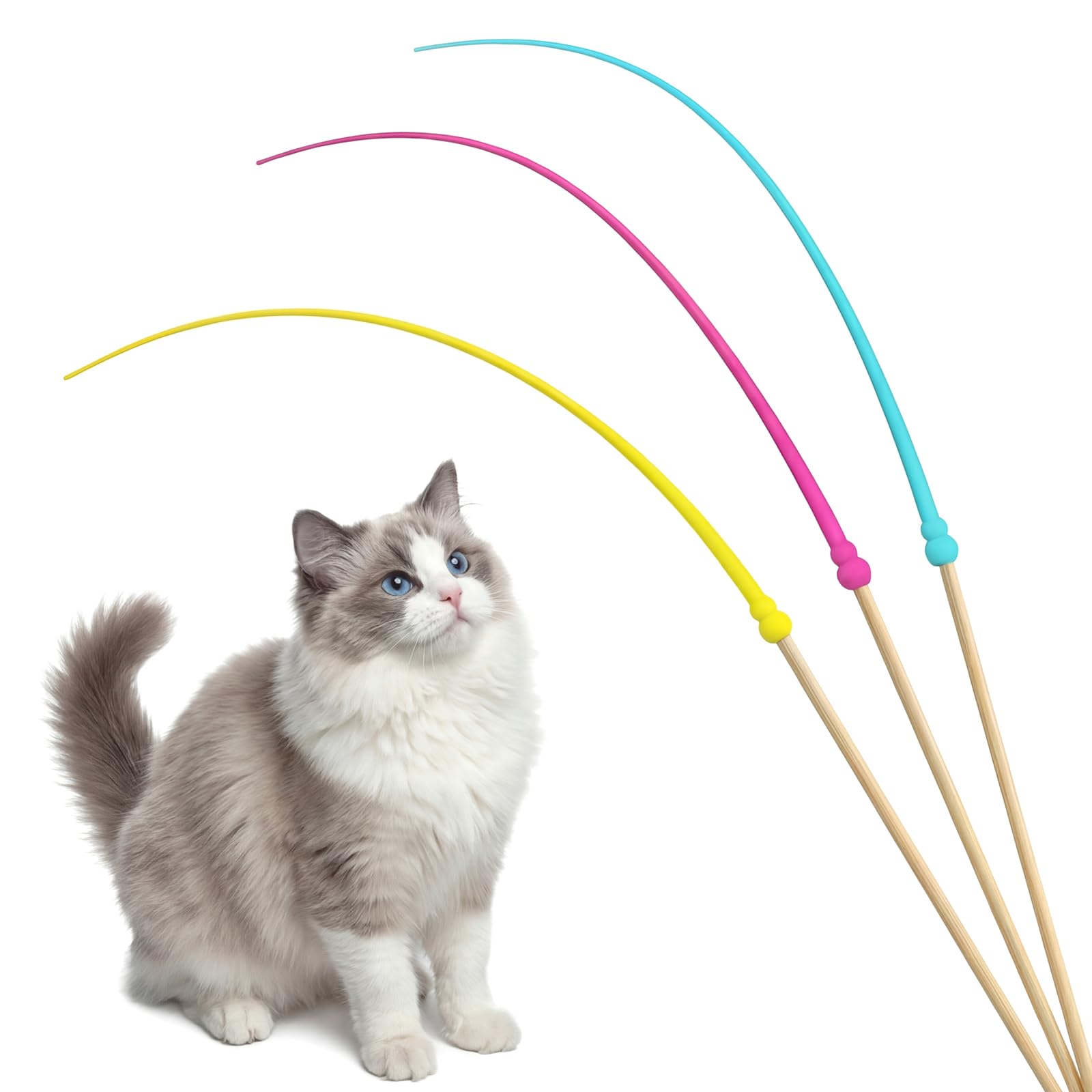 Larrel Silicone Cat Toys Wand, 3 Pcs Cute Colorful Cat Teaser Wand, Lightweight Silicone Cats Wands Toy for Indoor Cats Kittens Exercise