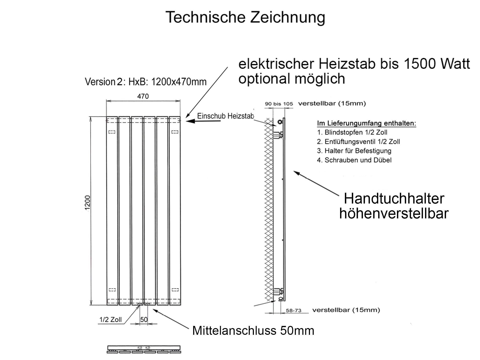 Badheizkörper Design Peking 120 cm 799 W Edelstahloptik SZAGATO