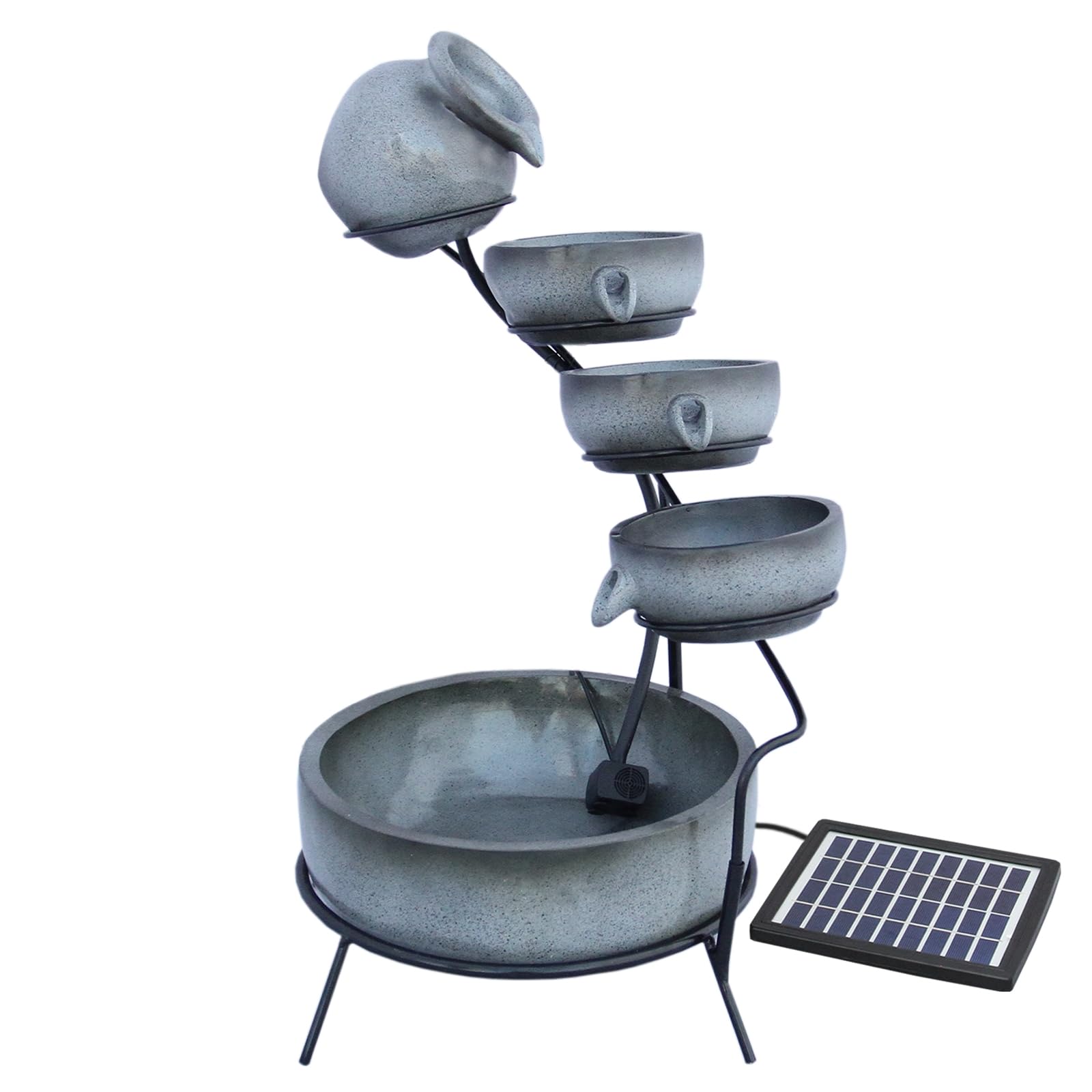 Water Feature Garden Fountain Solar Powered Outdoor Garden Cascade Ornament Decor Patio Resin Grey Freestanding Cascading 4 Tier Spilling Bowls