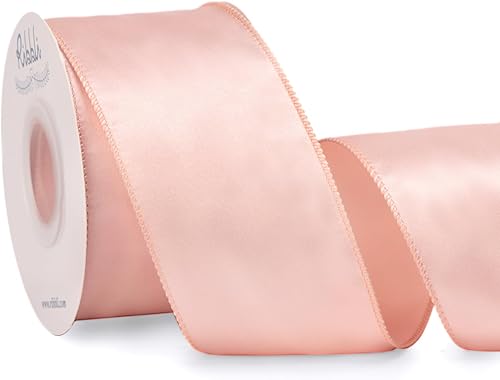 Ribbli Cinta de satén rosa champán con alambre de 2.5 pulgadas, cinta de Navidad rosa champán para envolver regalos, coronas, guirnaldas, decoración
