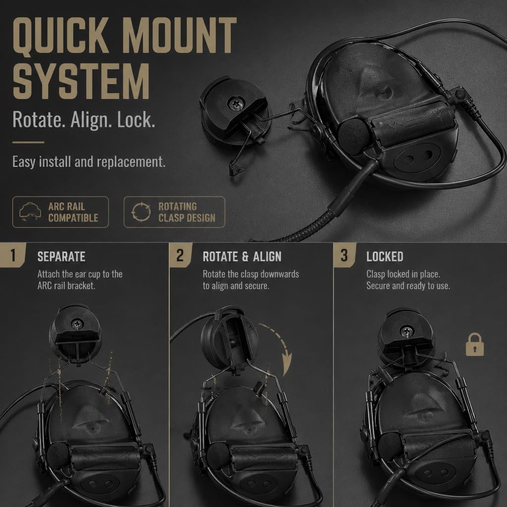Casque tactique C2 en silicone noir avec support de rail ARC, réduction du bruit, pour sports de plein air
