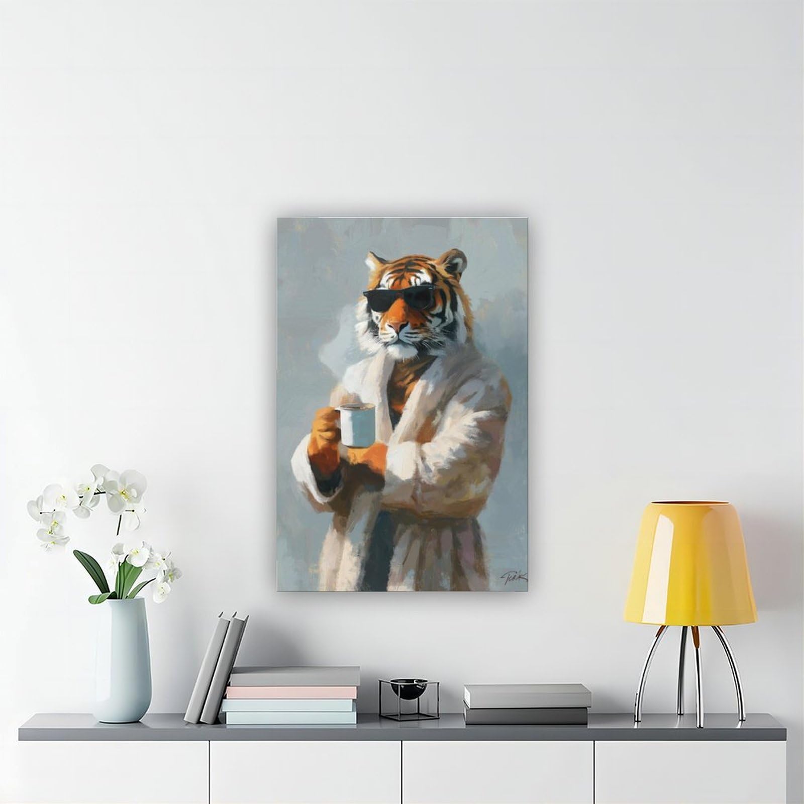 AGTHWE Póster de tigre bebiendo café, póster de lona para decoración del