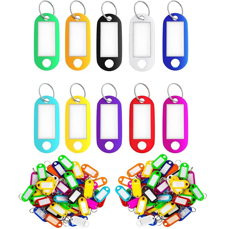 Key Tags with Labels, 100PCS Key Fobs with Labels Key Rings with Tags Multi Coloured Easy to Read, Key Fobs Labels ID Keyring Tags for Luggage Pet Name Tags, 10 Colors