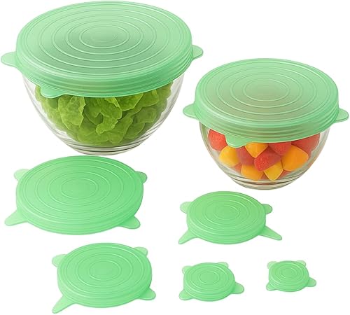 Paquete de 6 tapas elásticas de silicona reutilizables  Fundas verdes de grado alimenticio para cocina  Sello hermético para almacenamiento de