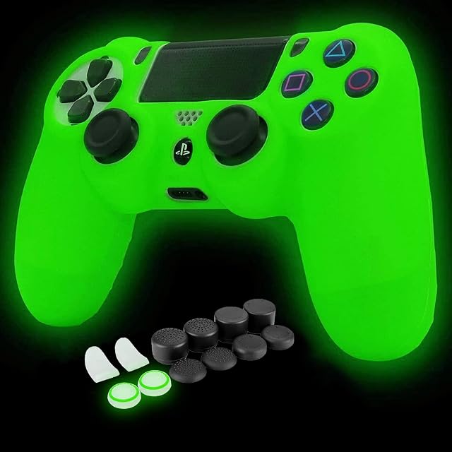 HLRAO PS4 Controller Skin Silicone Grip Glow in Dark Protective Case for PS4/Slim/Pro Dualshock 4 Controller + 8 FPS PRO Thumb Grips+2 Pcs Caps & L2 R2 Trigger.