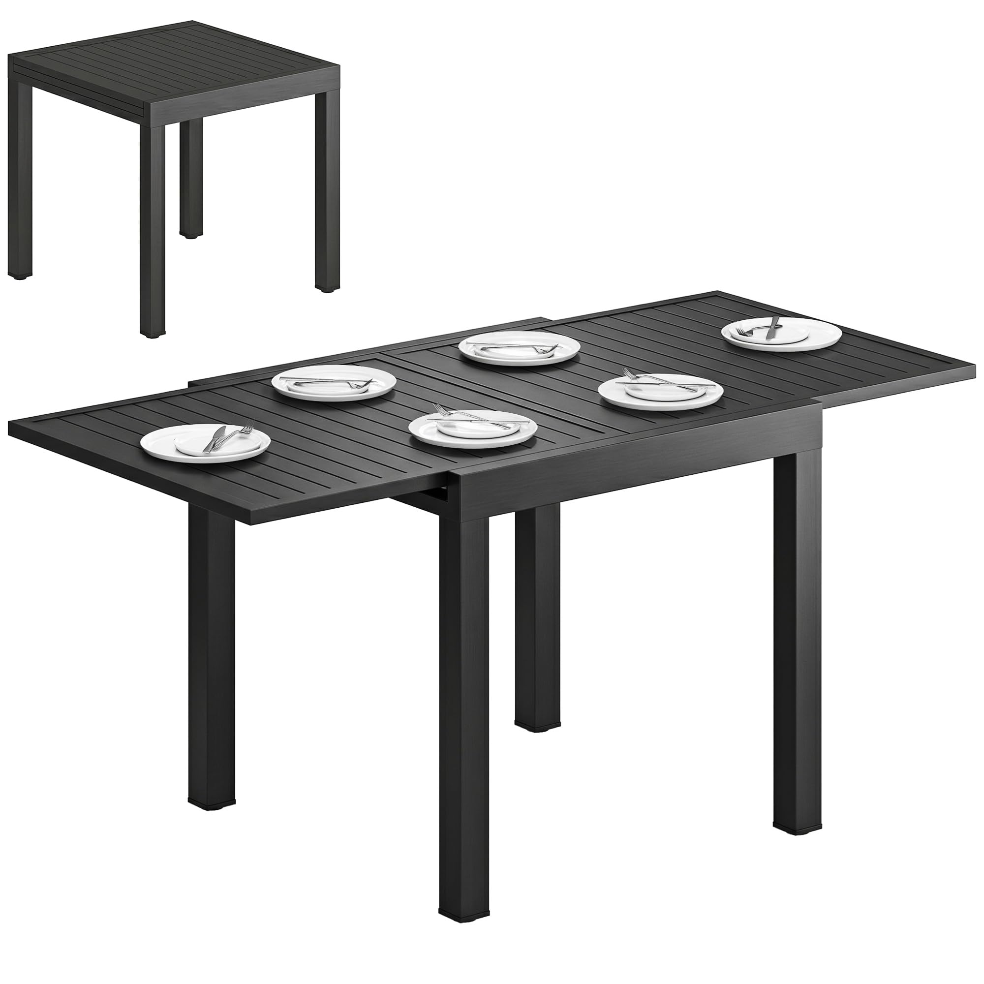 Outsunny Tavolo da Giardino Allungabile per 4-6 Persone 80/160x80 cm, Tavolo da Pranzo Esterno Estensibile Rettangolare in Alluminio con Piano a Doghe, per Patio Terrazzo Balcone, Nero
