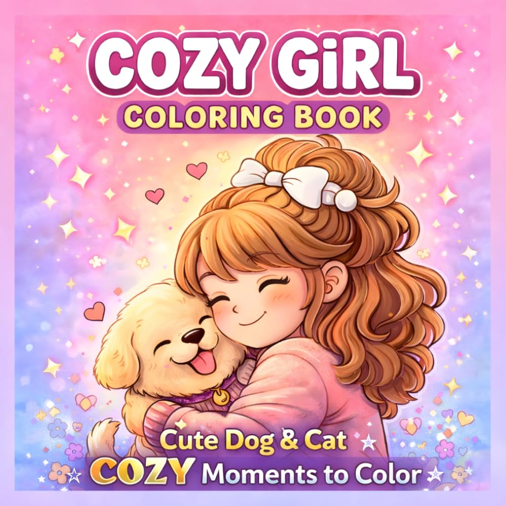 Cozy Girl Coloring Book: Cute Dog and Cat Cozy Moments to Color , Adorable Relaxing Coloring Pages for Kids, Teens, Adults and Animal Lovers