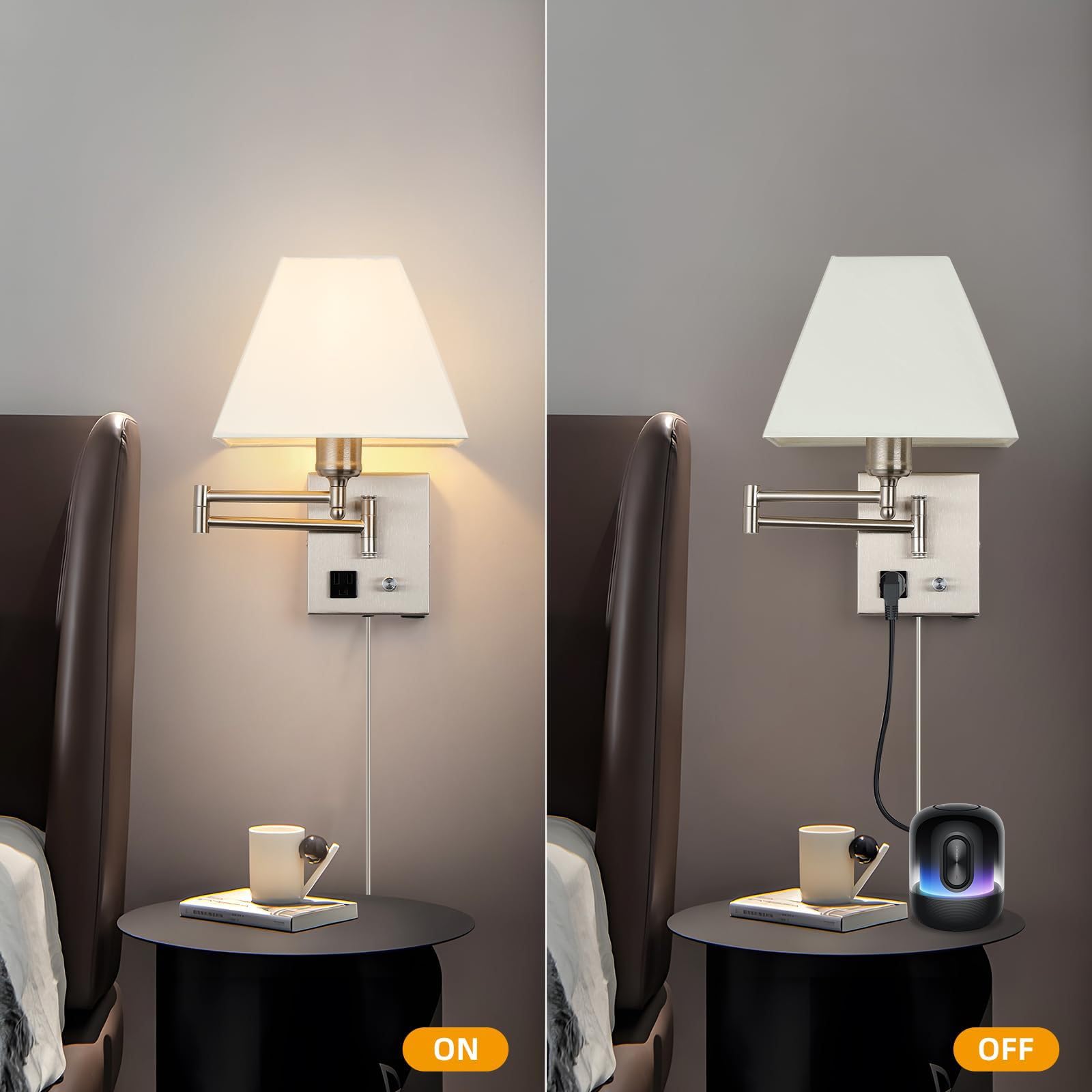 Bedside Wandleuchte 270° Drehbare Verstellbar Schwenkarm Wandlicht Lampen mit Stecker Kabel Wandlampe mit Schalter Wandbeleuchtung E27 Leselampe Moderne für Hotel Schlafzimmer (Silber,1 Stück)