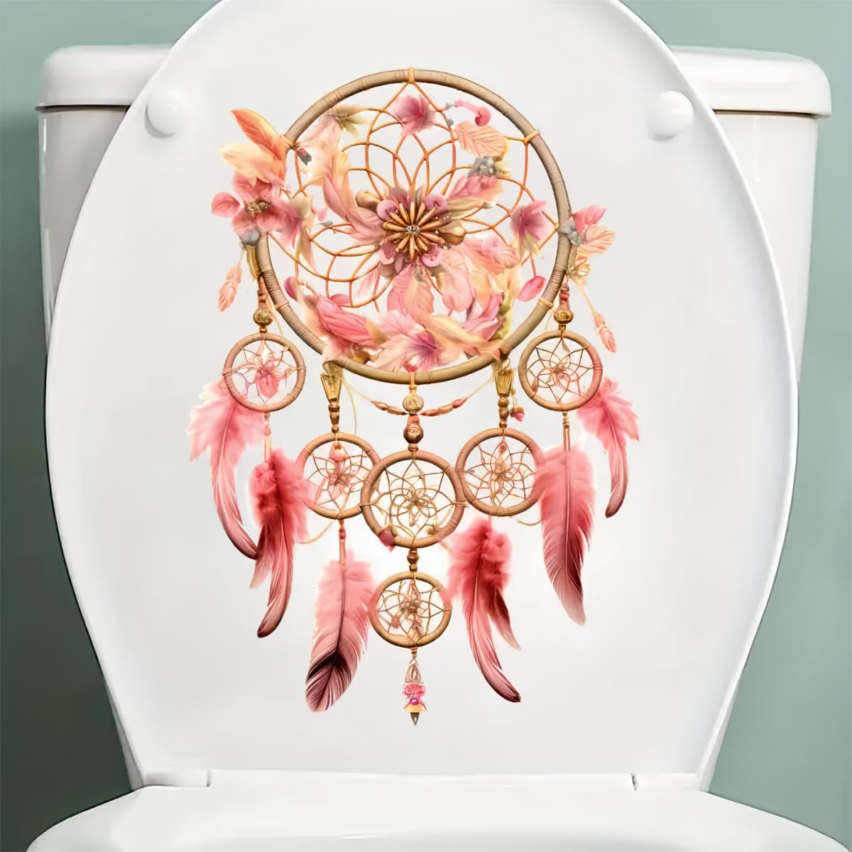 Tolovis Color Dream Catcher Toilet Cover Sticker Decals,Flower Leaf Bird Waterproof Toilet Lid Tank Seat Decals Cistern Self-Adhesive Bathroom Wall Sticker