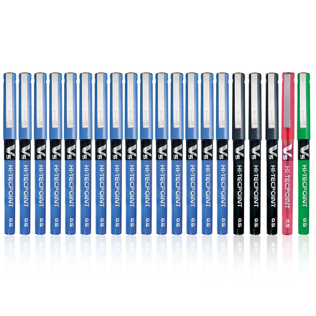 Pilot Hi-Tecpoint V5 0.5mm Extra Fine Point Pure Liquid Ink Roller Ball Pen | Pack Of 20 (15 Blue + 3 Black + 1 Red + 1 Green)