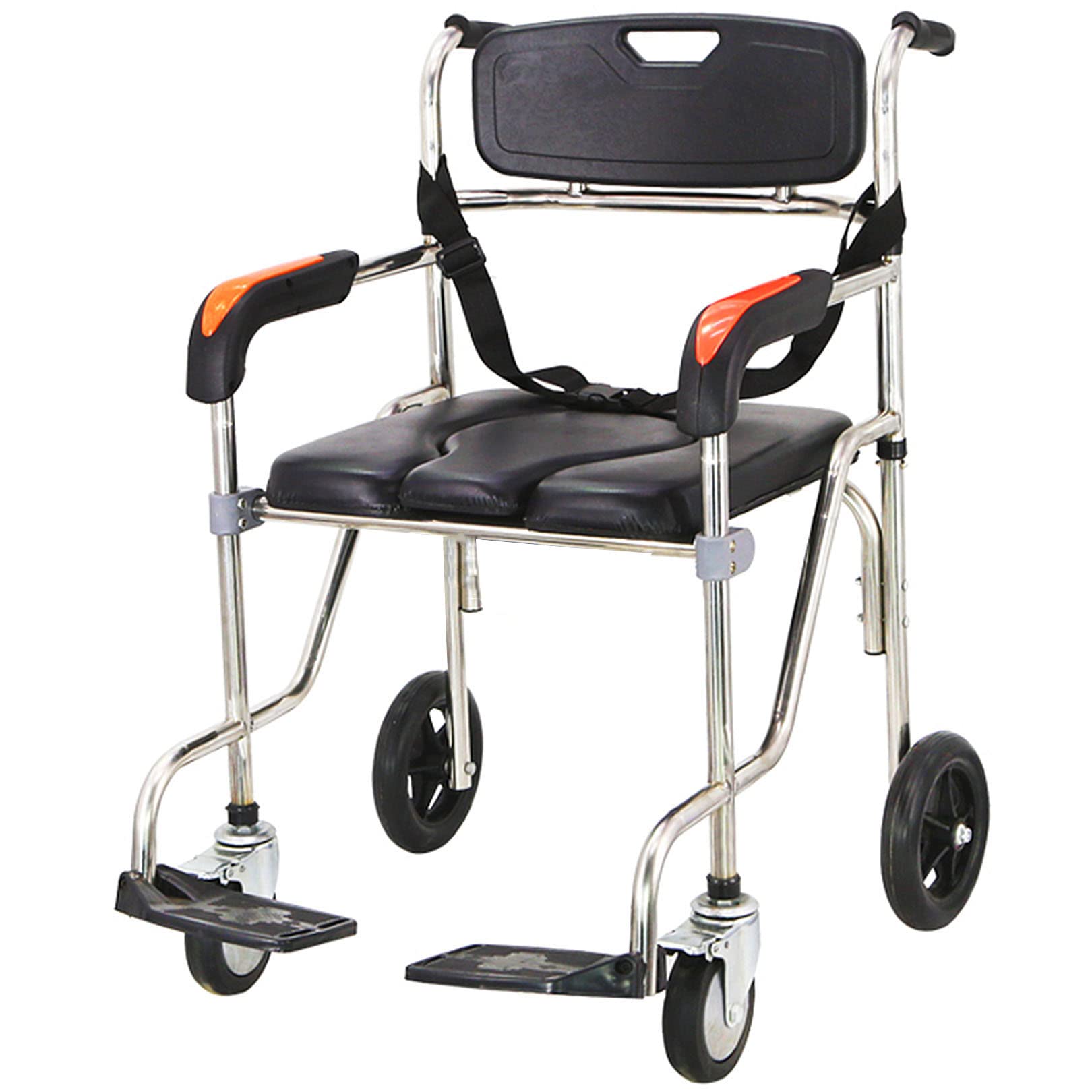 BHGFYXBS Commode Wheelchair, Pu Leather Seat Toilet Chair With 31Cm Bucket, Flip-Up Footrest, Mobile Transport Shower Chair For Elder, Disabled People,