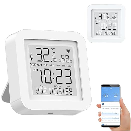 Smart WiFi Temperature Humidity Monitor: TUYA Wireless Temperature Humidity Sensor with APP Notification Alerts, WiFi Thermometer Hygrometer for Home Pet Garage,Compatible with Alexa