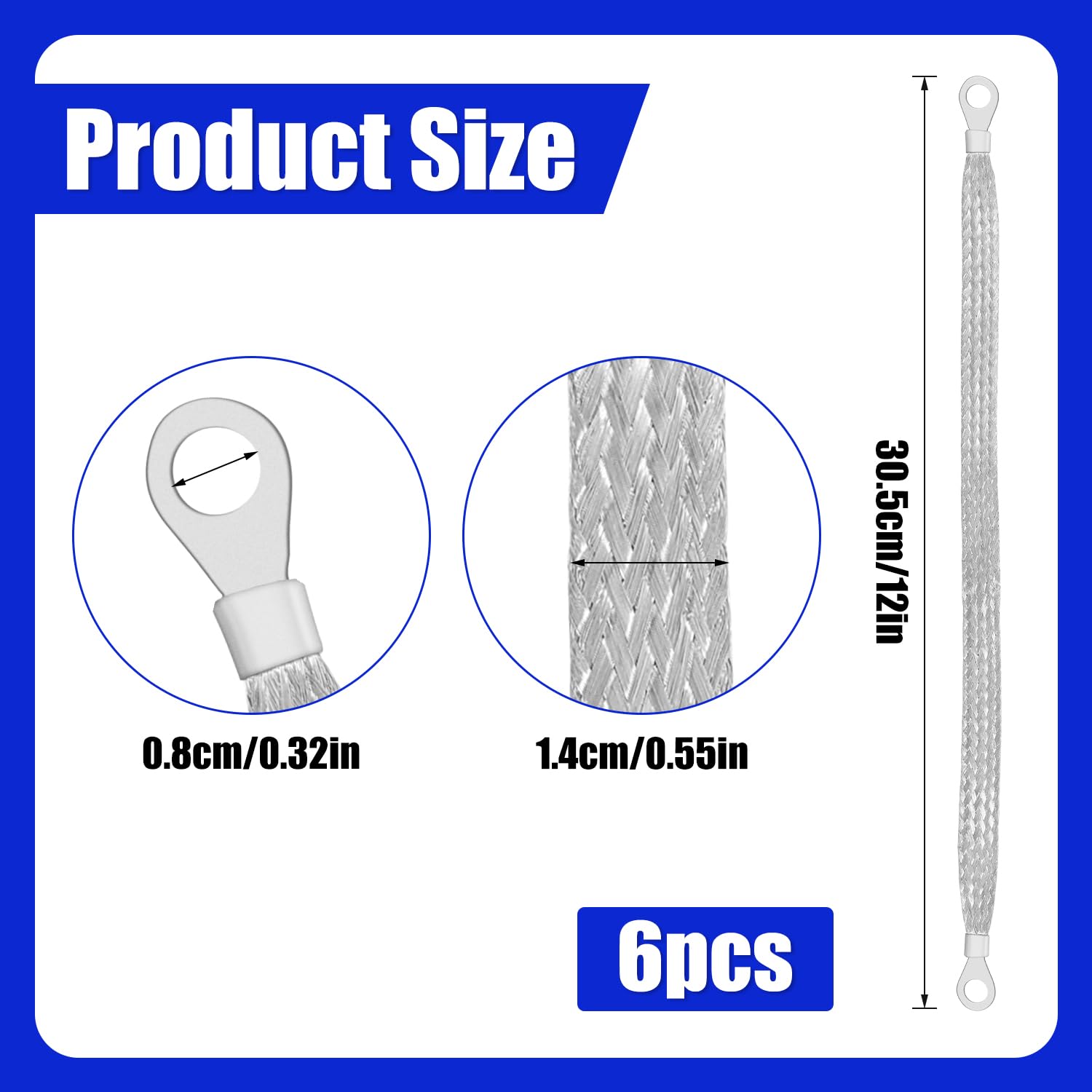 6-Pack Universal Engine Ground Straps – 12 Inch Braided Copper Ground Cable With Ring Terminals (Silver)