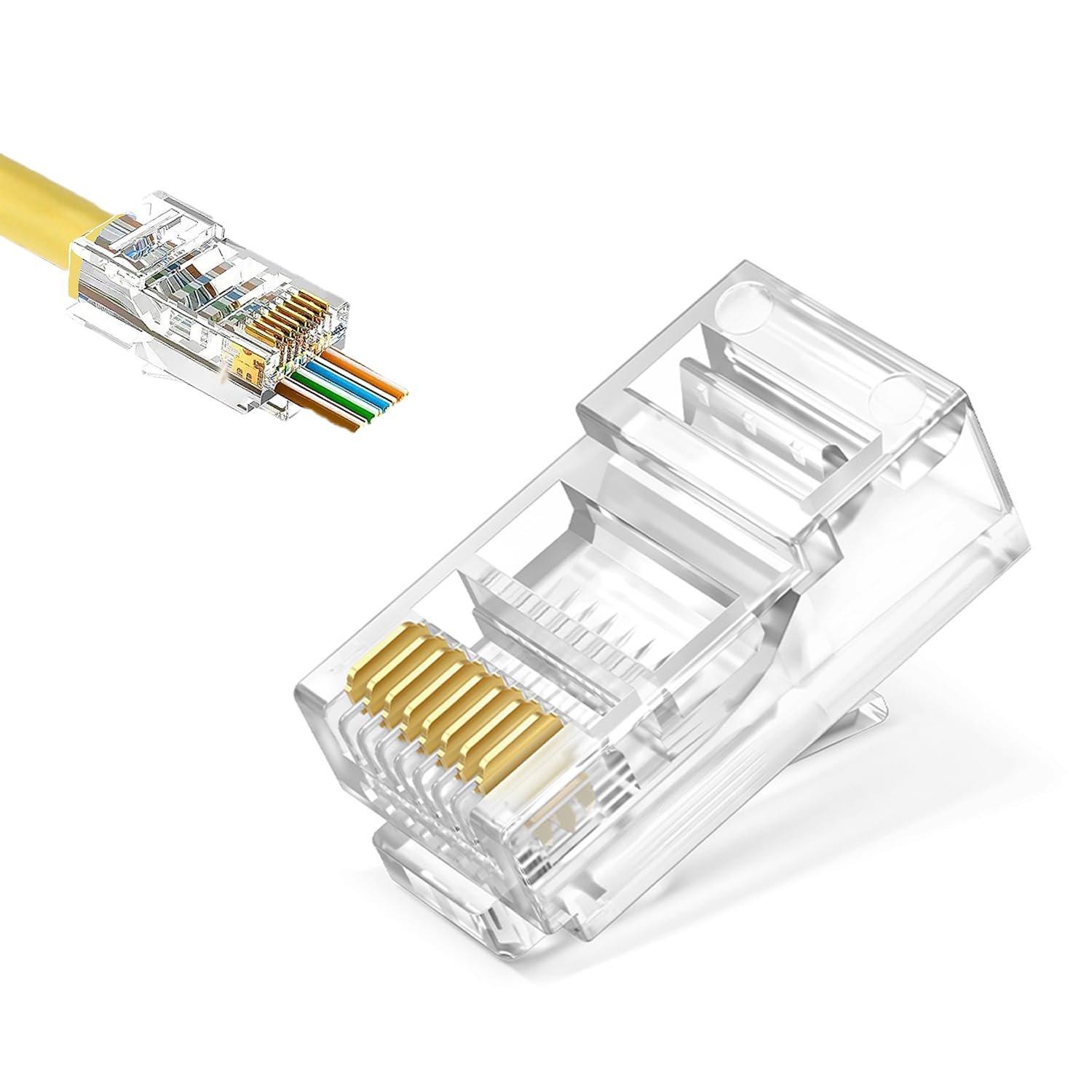 50-Pack Cat5e RJ45 Pass Through Connector, Cat5e RJ45 Connectors Pass Through, Cat5 Connector Ends, UTP Ethernet Connectors for Solid or Stranded Cable