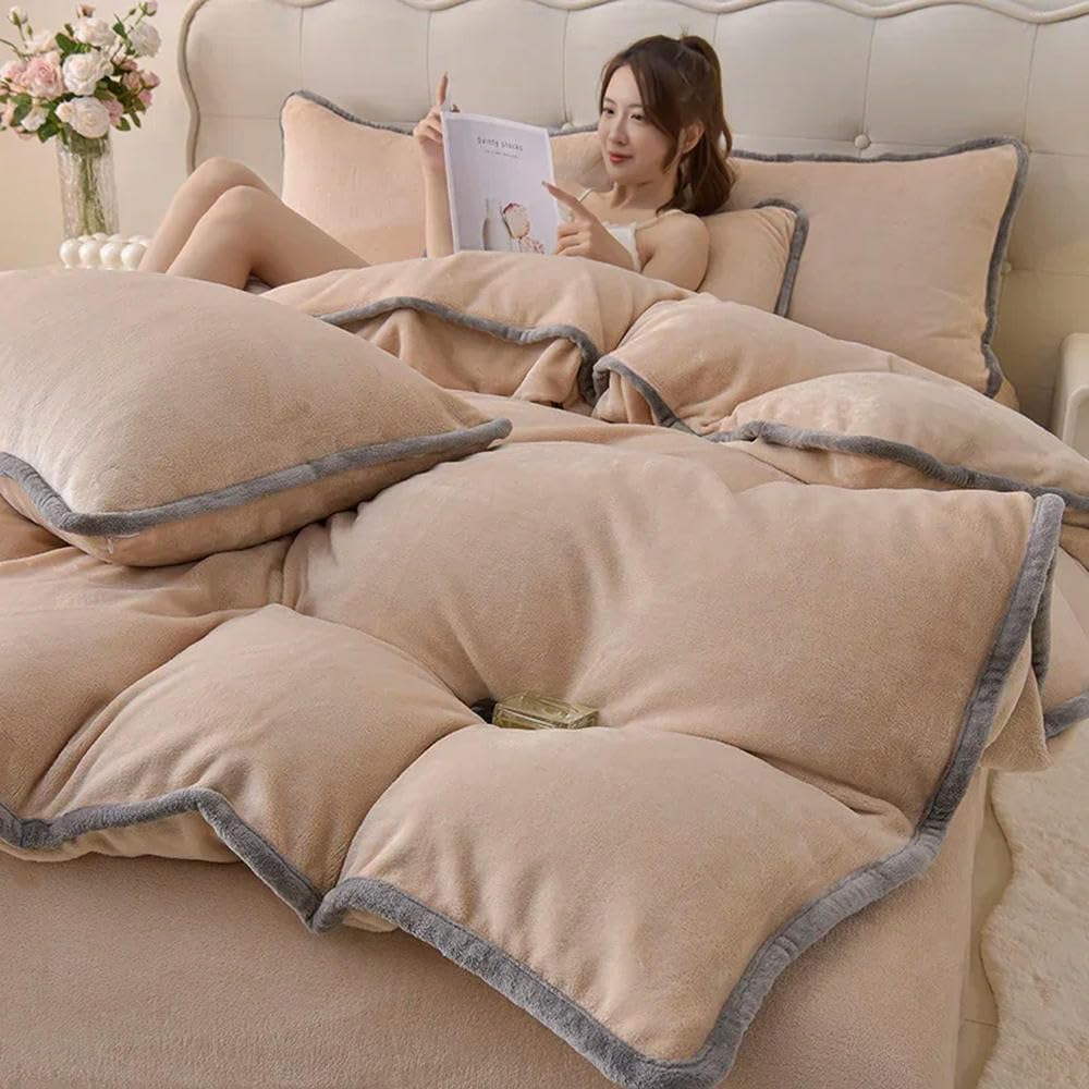 Coperta in Pile di Latte con Copripiumino e Lenzuolo Matrimoniale in Velluto Corallo, Set da 4 Pezzi