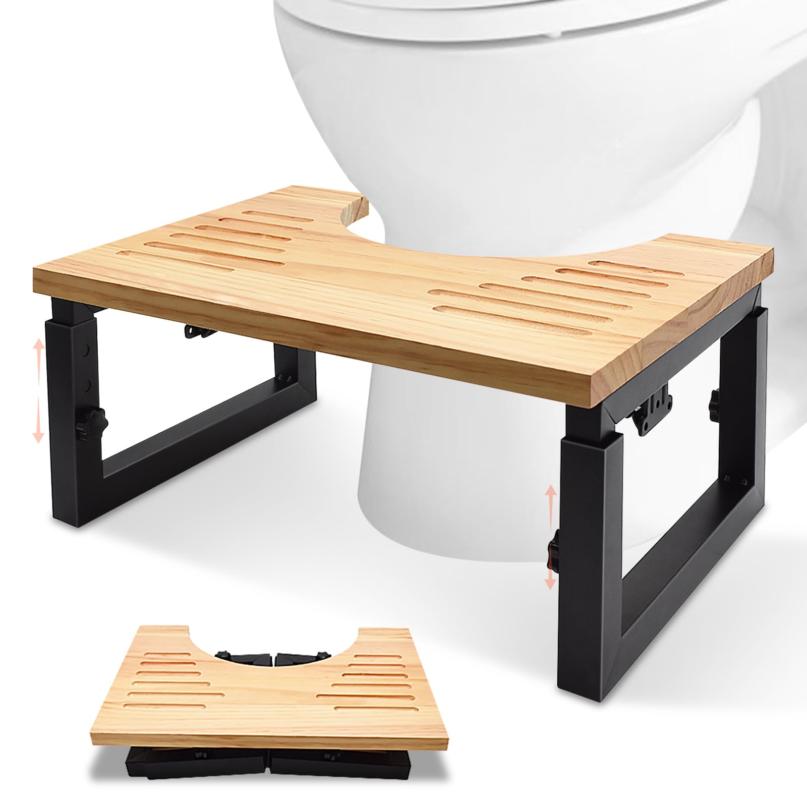 Tabouret Toilette Pliable en Bois, Marche Pied WC à Hauteur Réglable avec Coussinets Antidérapants, Repose Pied Salle Bain pour Adultes Enfant
