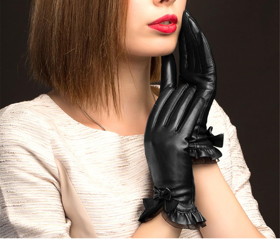 Gants En Peau De Mouton Pour Femmes, À La Mode, Avec Nœud En Dentelle, En Cuir Solide, Pour Conduite D'hiver, Garde Au Chaud
