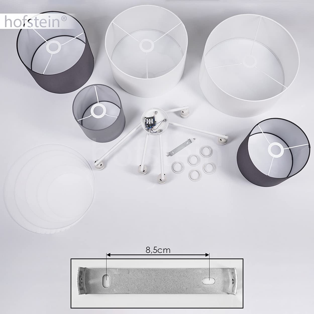HOFSTEIN Deckenleuchte Trisett, Deckenlampe aus Metall/Kunststoff/Stoff in Schwarz/Weiß/Grau, moderne Leuchte mit Stoffschirmen, Lichteffekt, 5 x E27, Wohnzimmer, Esszimmer, Schlafzimmer, Küche