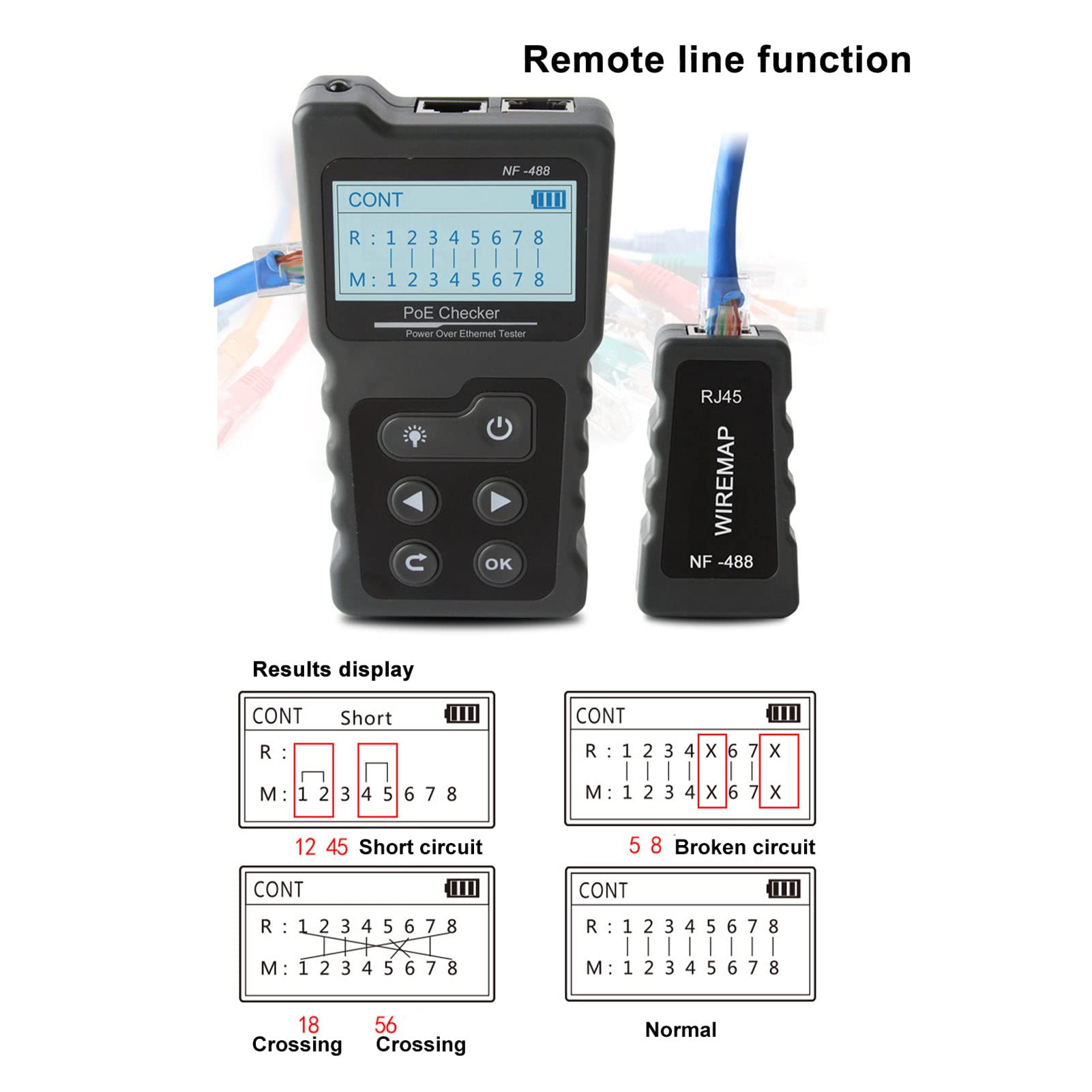 Wakects Tester Sieci POE Tester Zasilania ABS Przez Ethernet DC5 do 60 V z Kablem RJ45 Kontrola Usterek POE od 0 do 18 W Test Obciążenia dla Techników i Instalatorów Sieci CAT5 CAT6