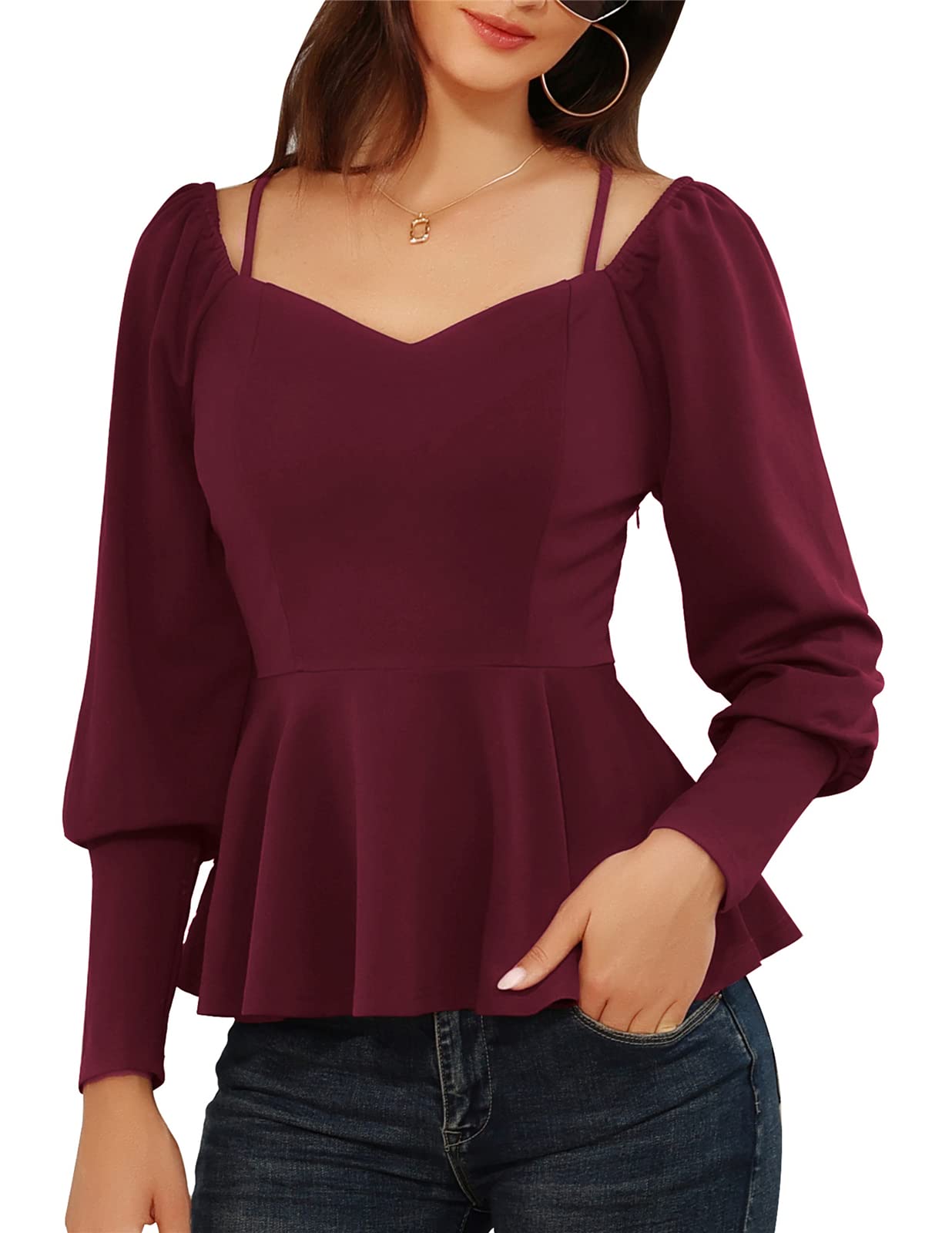 Peplum Tops for Women Puff Leg-of-Mutton Long Sleeve Tee Tops Sweetheart V Neck Dressy Casual Blouse