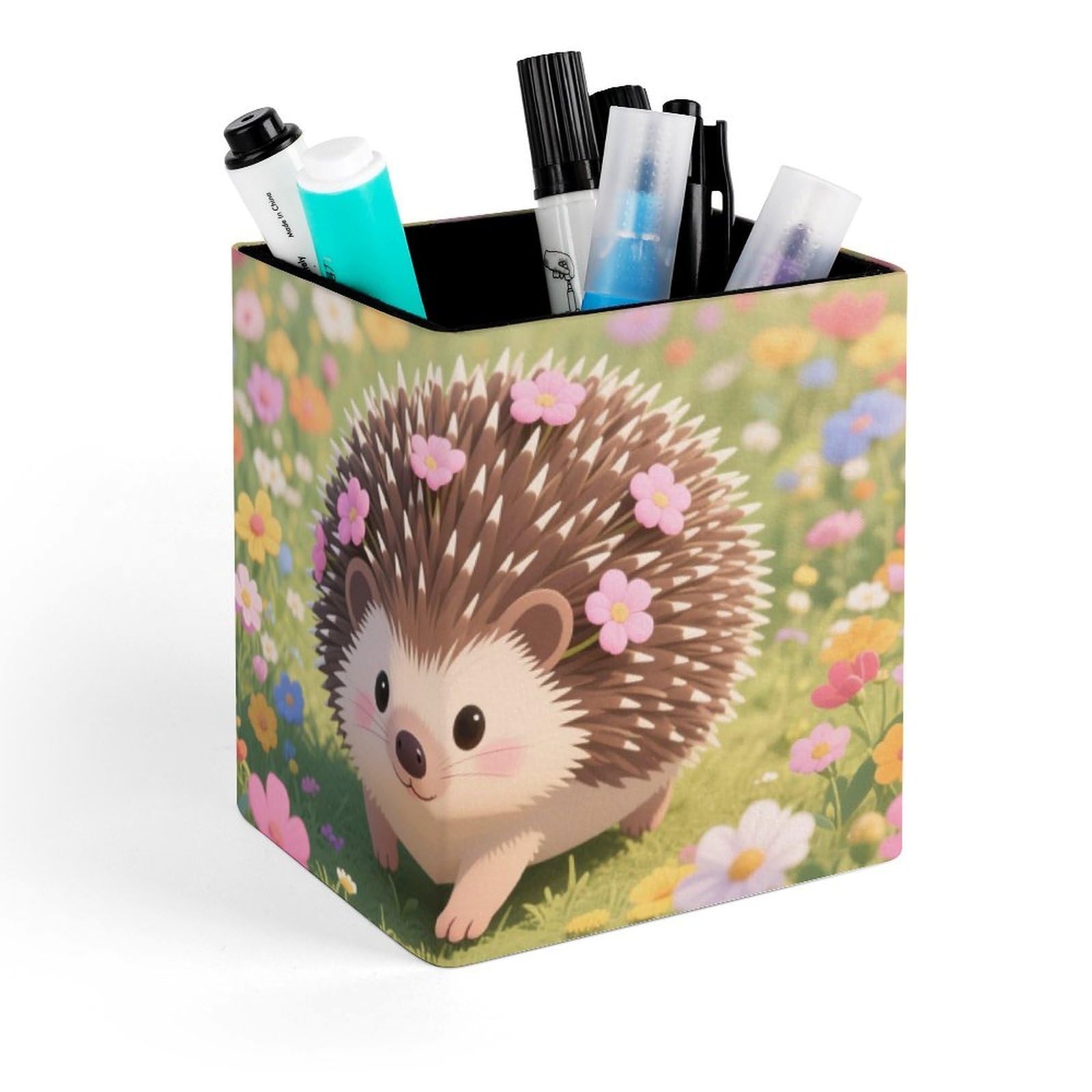 DWVTSLH Aesthetic Pen Holder for Desk - Modern Leather Pencil Holder - Stylish Square Makeup Brush Holder - Floral Hedgehog Pen Cup Cute And Functional Desk Organizer for Office Supplies