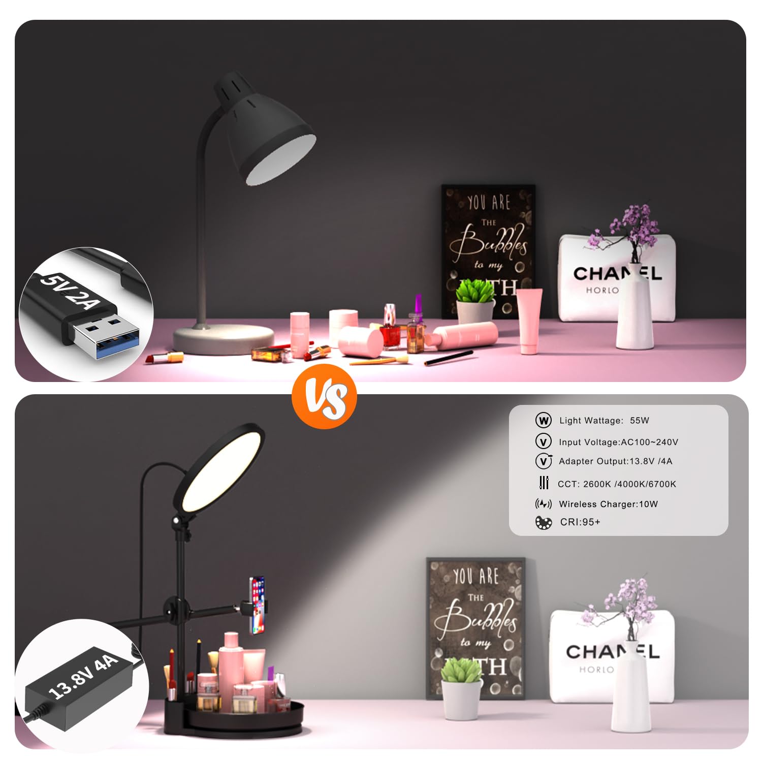 Kit di luci per selfie per scrivania e laptop, 55 W, dimmerabile, luce ad anello a schermo intero, con scatola girevole, portapenne, supporto per telefono e controller (nero-GB, 10,5)