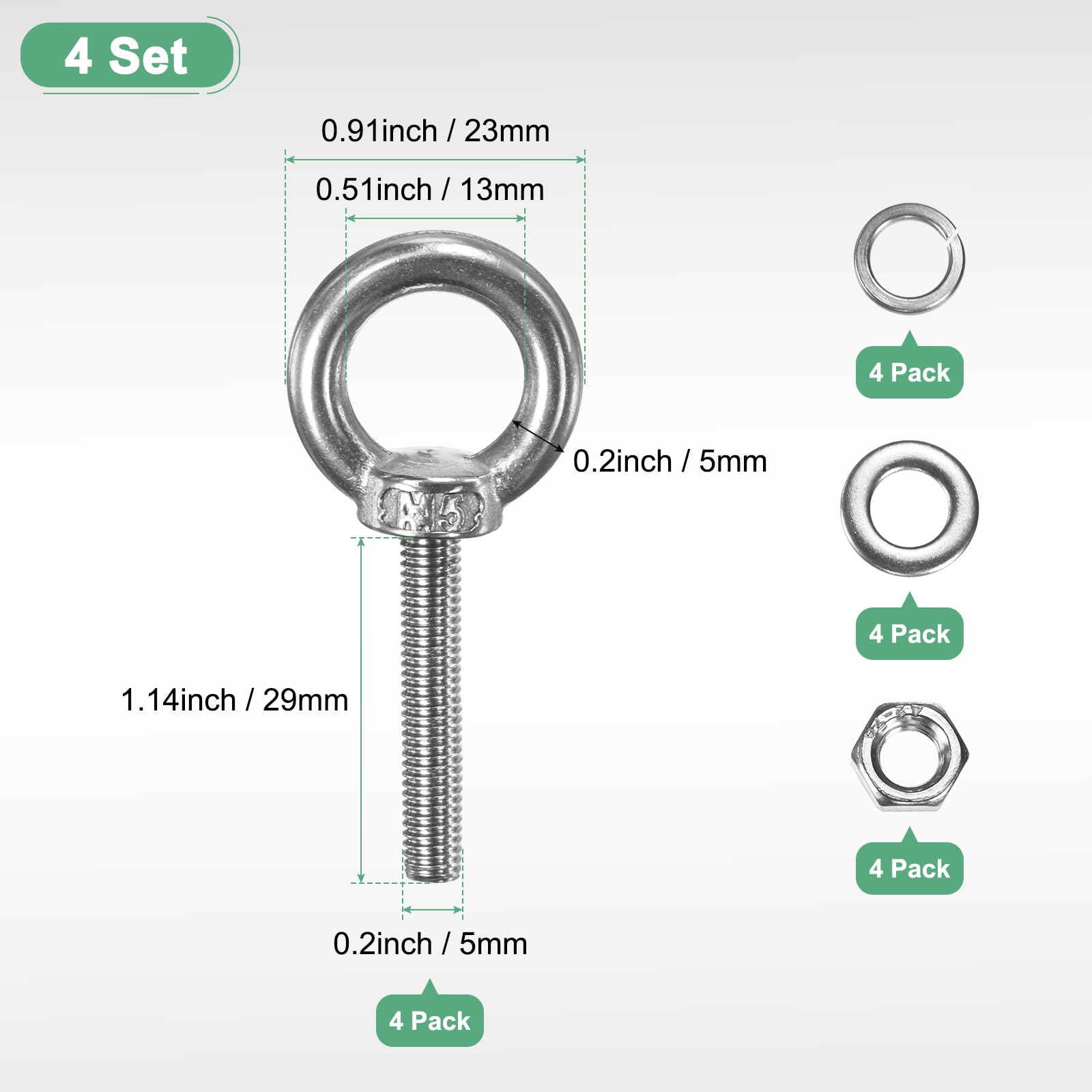 M METERXITY 4-Sets Stainless Eyebolt M5x29mm Shoulder Lifting Eye Bolt with Nuts Washers Male Screw Thread Ring Shoulder Eye Bolts Length 1.14 Inch for Suspending/Fastening - Image 3