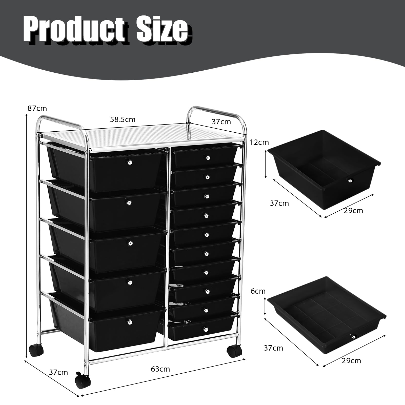 KOMFOTTEU Carrello con 10/15 cassetti impilabile, carrello da bagno con telaio in metallo, carrello multiuso per bagno e cucina (Nero, 5 cassetti)