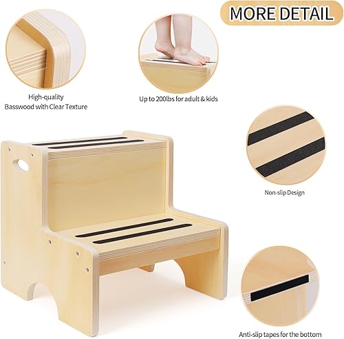 Miniatura 3 de Gloween Taburete de madera para niños de dos escalones con asas, taburete de doble altura con almohadillas antideslizantes adicionales para