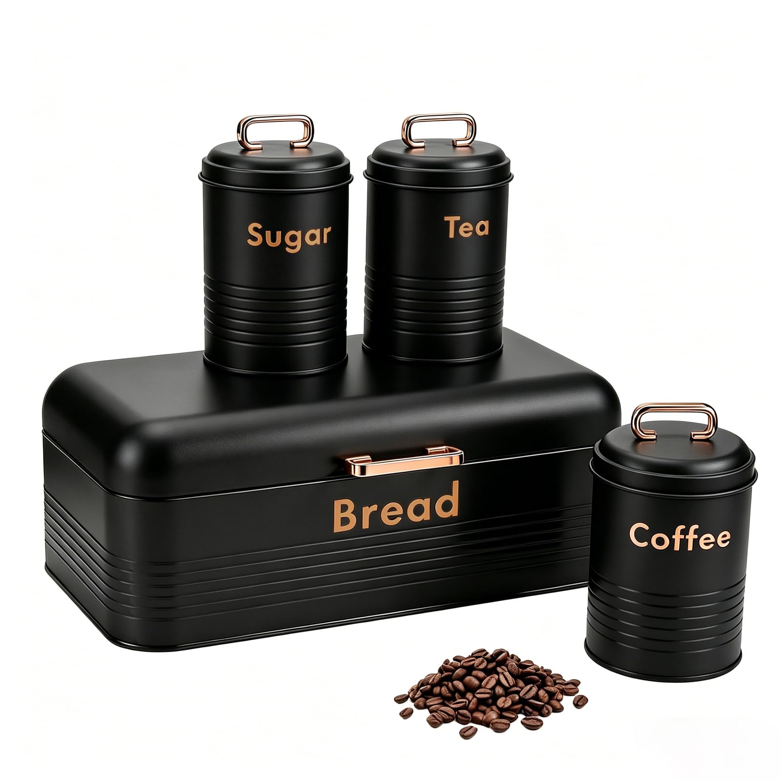 Yuecda Large Metal Bread Box + 3 Piece Tea Coffee Sugar Canister Set, Kitchen Countertop Organizer Set(Black and Rose Gold)
