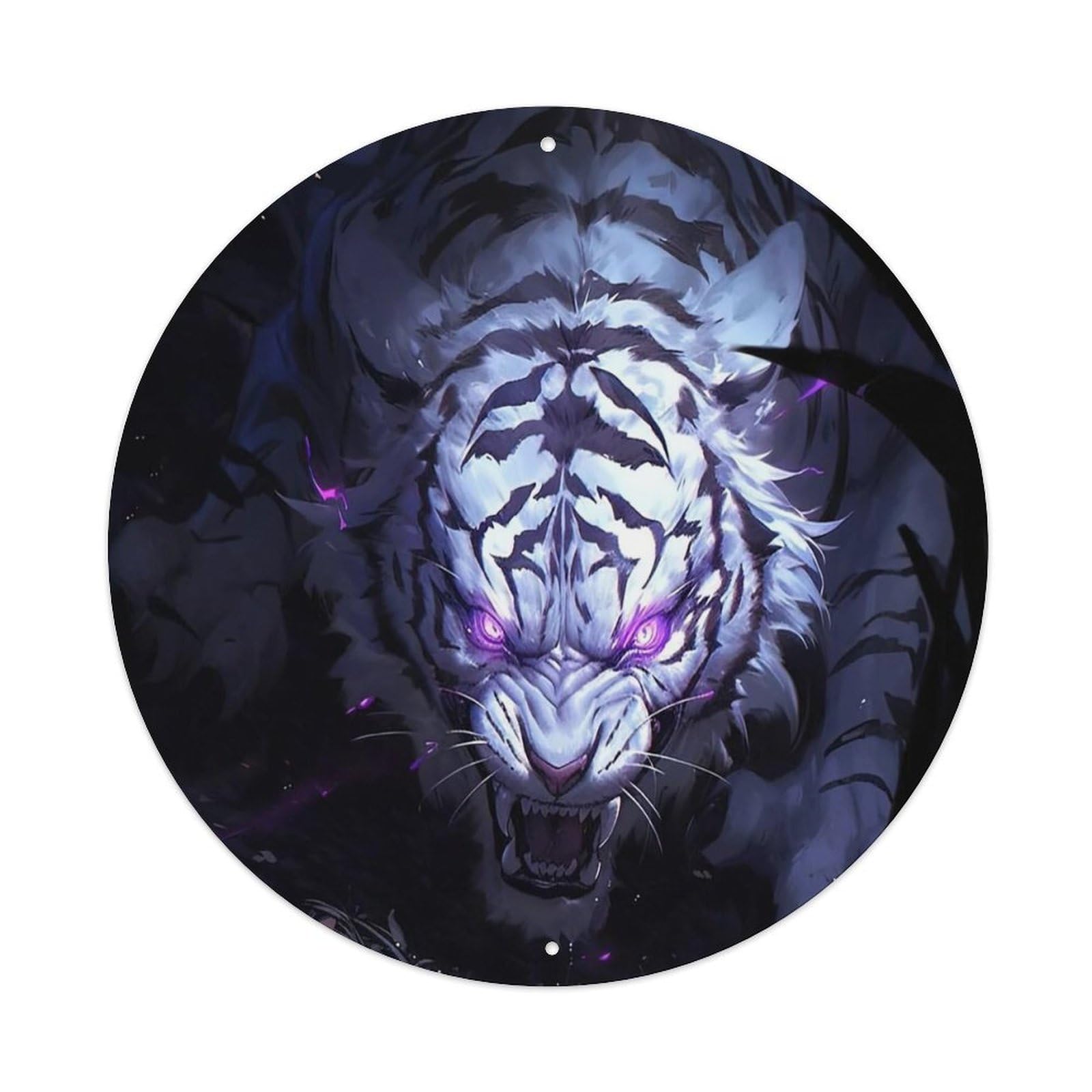Animal Art Poster A White Tiger with Glowing Eyes Vintage Metal Tin Sign Plaque Wall Decor for Cafe, Club, Garden Round Metal Poster 8x8Inch