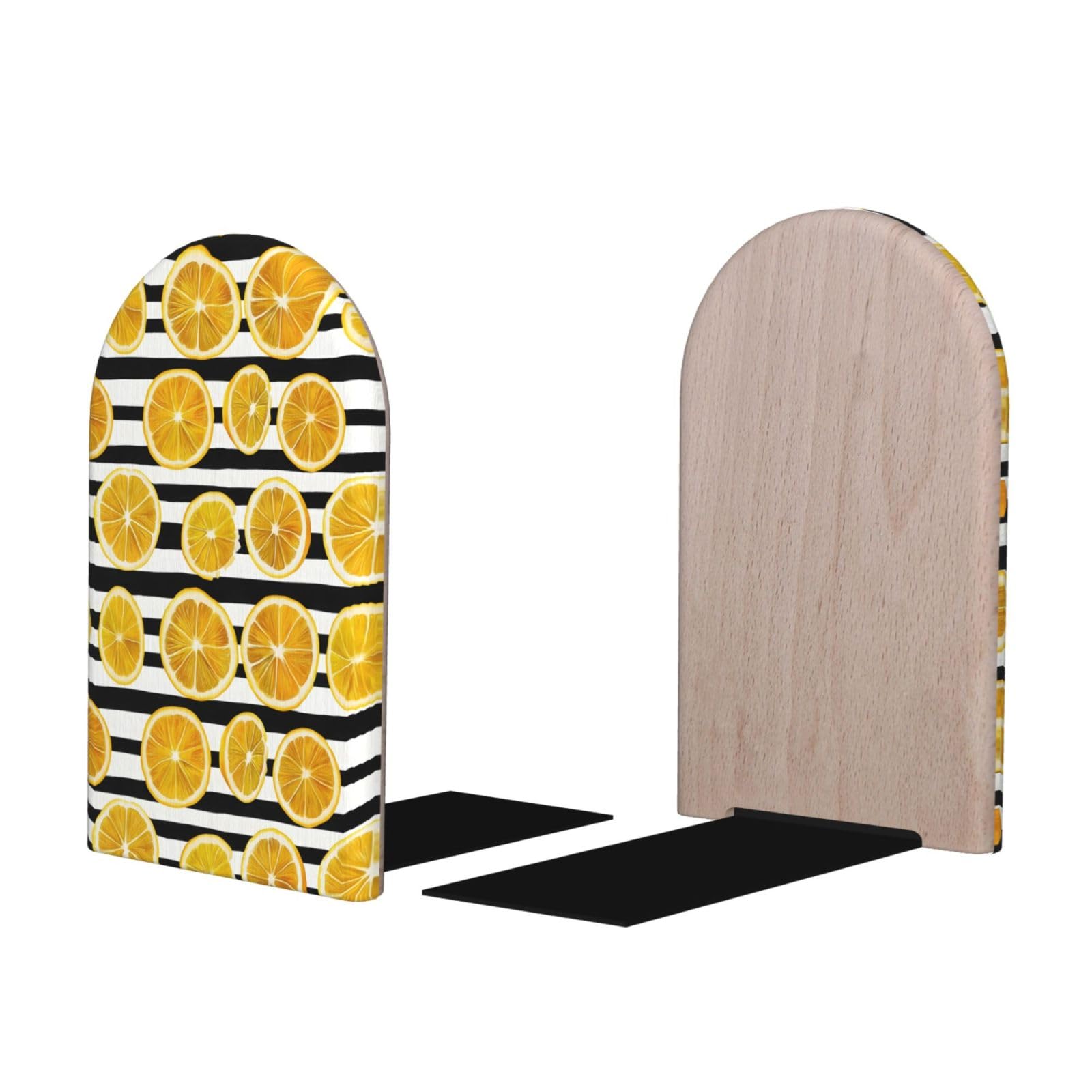 Black White Striped Lemon A Print BookEnds 1 Pair, Decorative Bookends for Heavy Books, Wood Book Ends for Shelves, Book Organizer for Home Desk Office Supplies