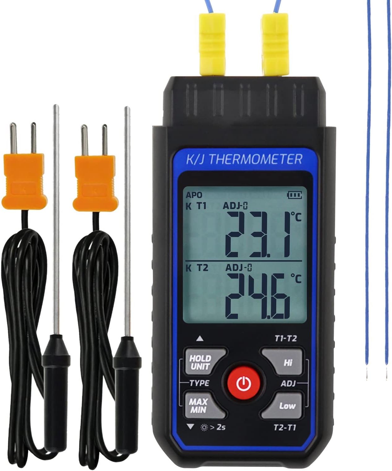 Dual-Channel K/J Thermocouple Thermometer with 4 K-Type Thermocouples -328°F ~ 2501°F Measurement Range HVAC Temperature Meter Gauge with Data Hold, MAX/MIN/AVG, Hi/Lo Backlit Alarm, ADJ Compensation