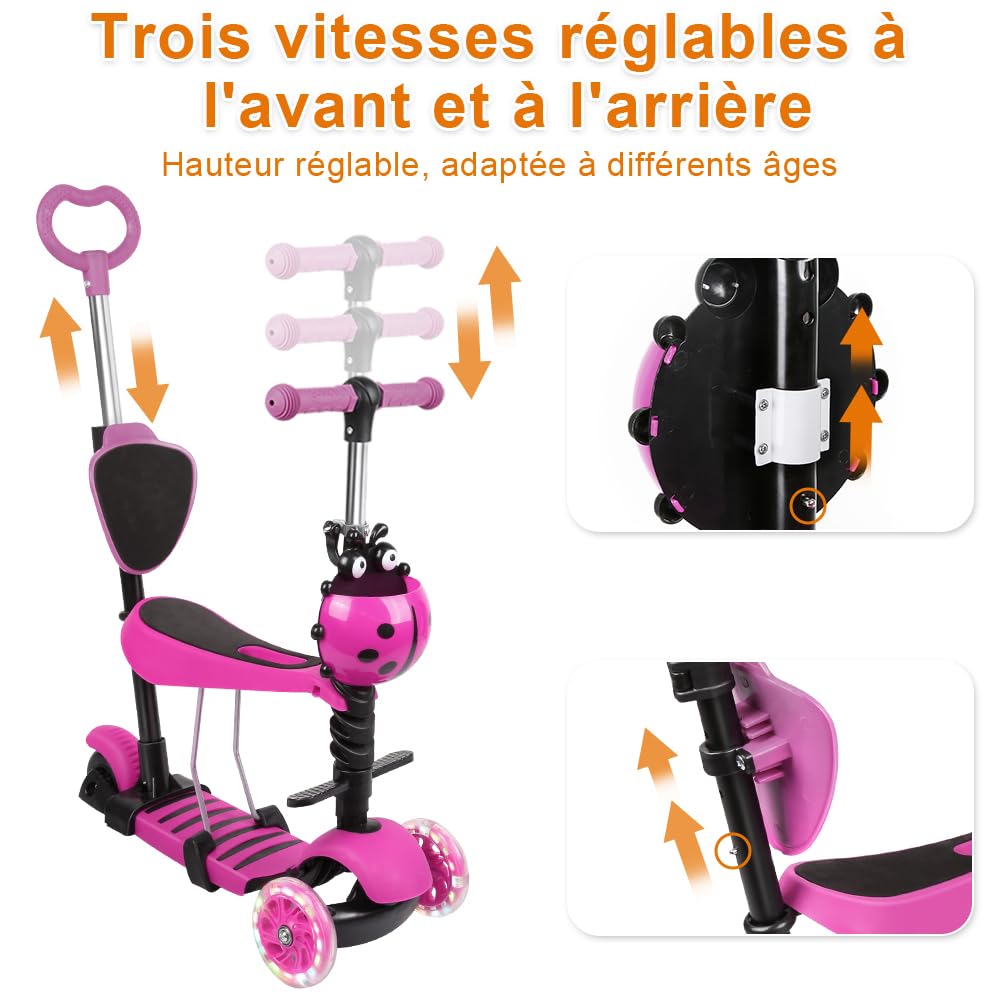 Trottinette pour Enfants à 3 Roues,Trottinette Pliable,Tout-Petits, Hauteur Réglable, Plateau Antidérapant,3 Roues LED élégantes,Charge Maximale 80 kg
